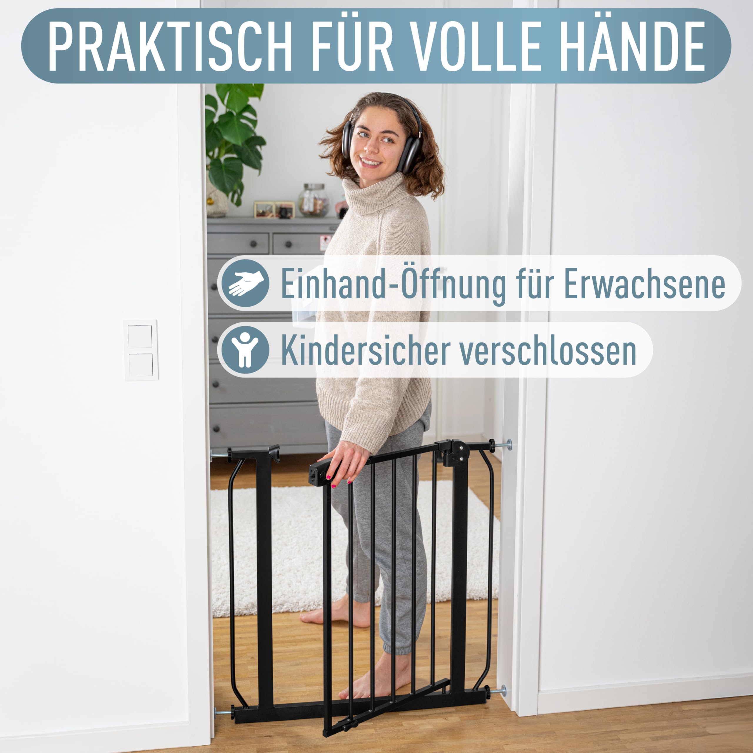 Treppenschutzgitter Berrin - Türschutzgitter für Babys, Ohne Bohren, Schwarz, Breite: 58-66 cm