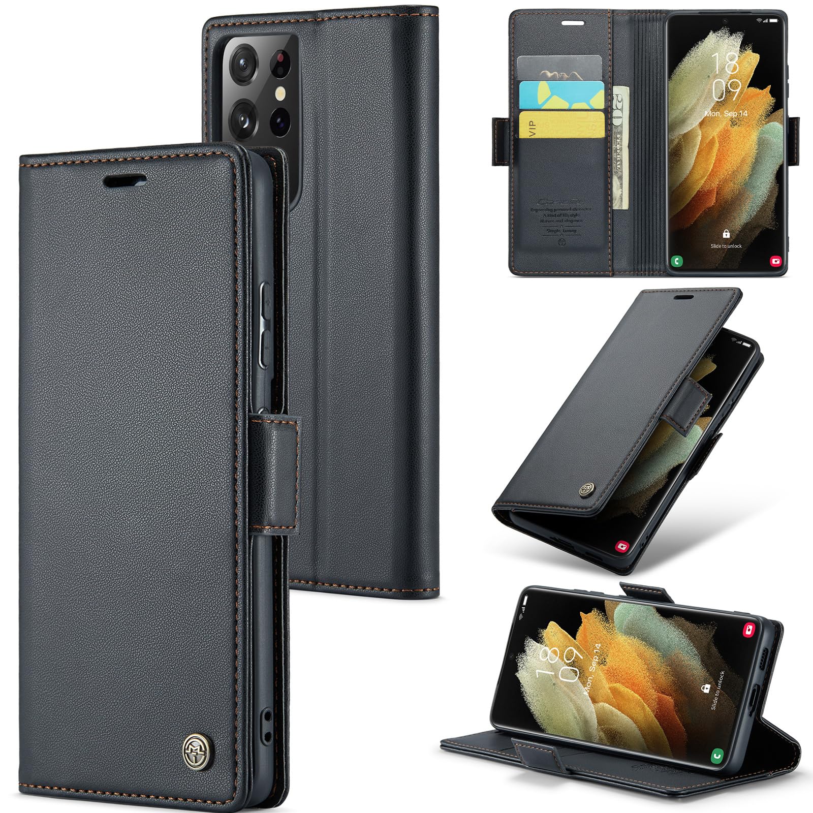 Rerzoiro Case for Samsung Galaxy S21 Ultra Wallet Case, RFID Blocking PU Leather Flip Folio Cover Card Holder Kickstand Shockproof Phone Case