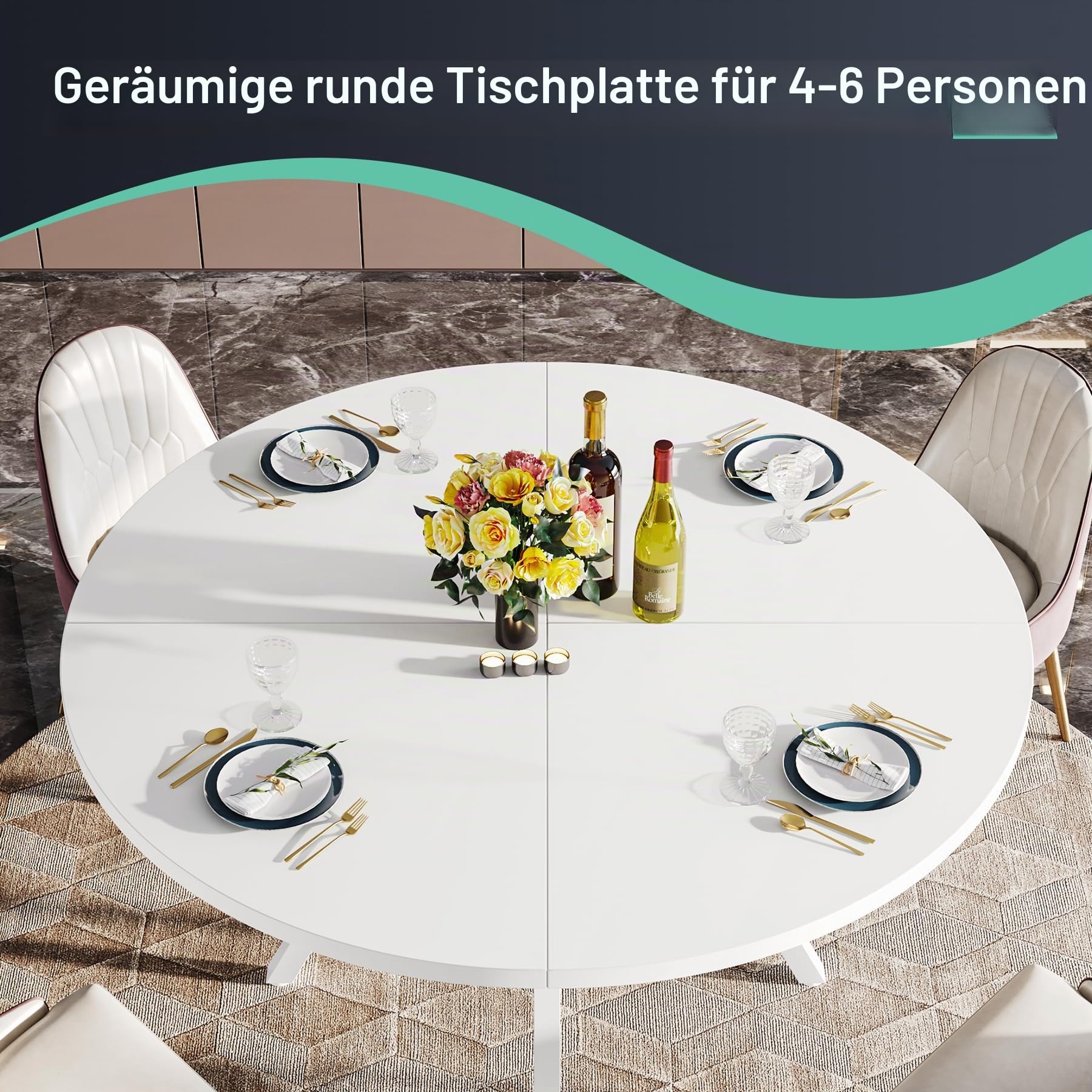 Tribesigns Runder Esstisch für 4 Personen,120CM Runder Esszimmertisch mit Metallfuß,Küchentisch mit Ablagefach für Zuhause,Esszimmer, Wohnzimmer,weiß (weiß)
