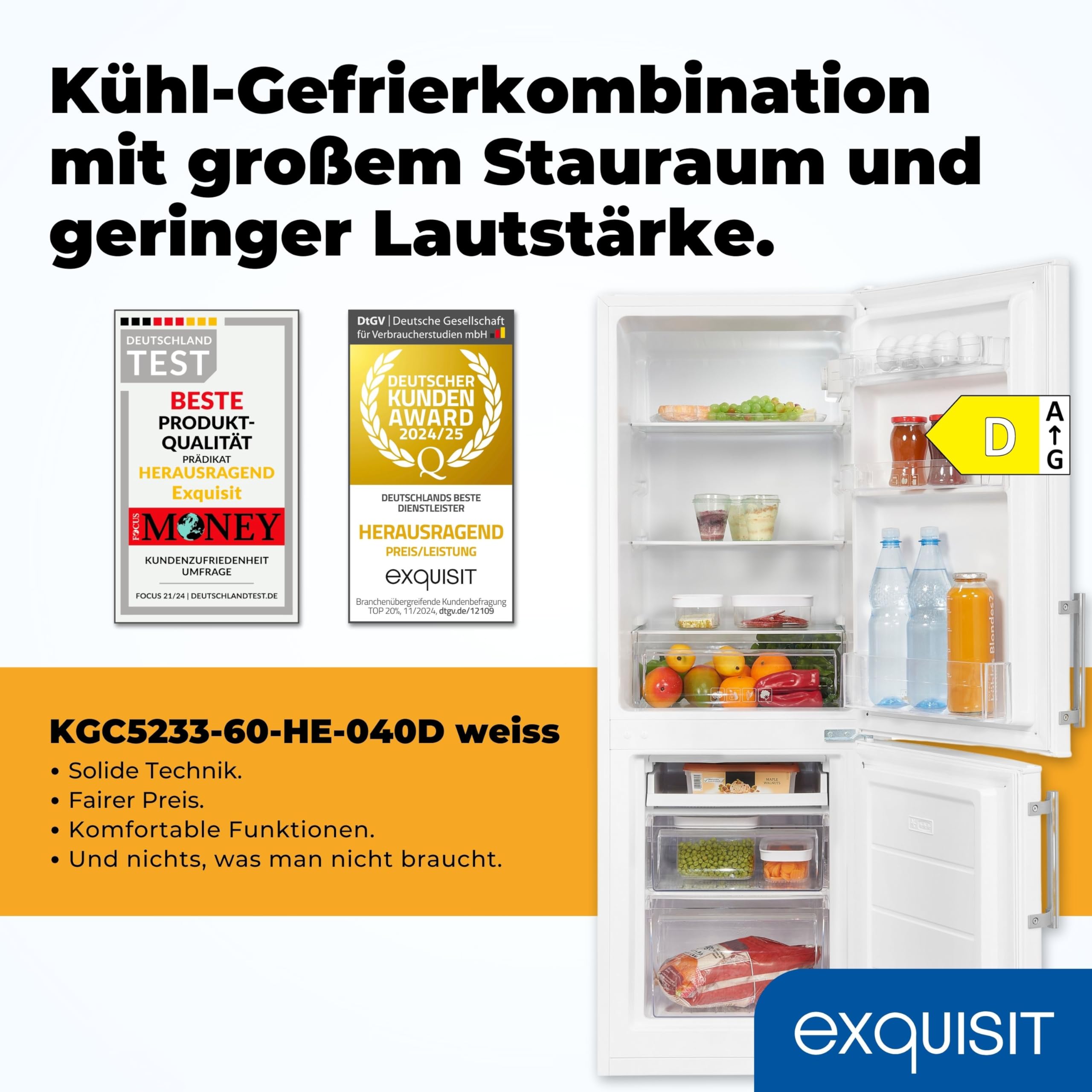 Exquisit KGC5233-60-HE-040D Kühl-Gefrierkombination - Kühlschrank Weiß | 50 cm Breite - 173 Liter - 4-Sterne-Gefrierfach - LED-Beleuchtung - Türalarm - Energieklasse D - 155 kWh/Jahr - Leise