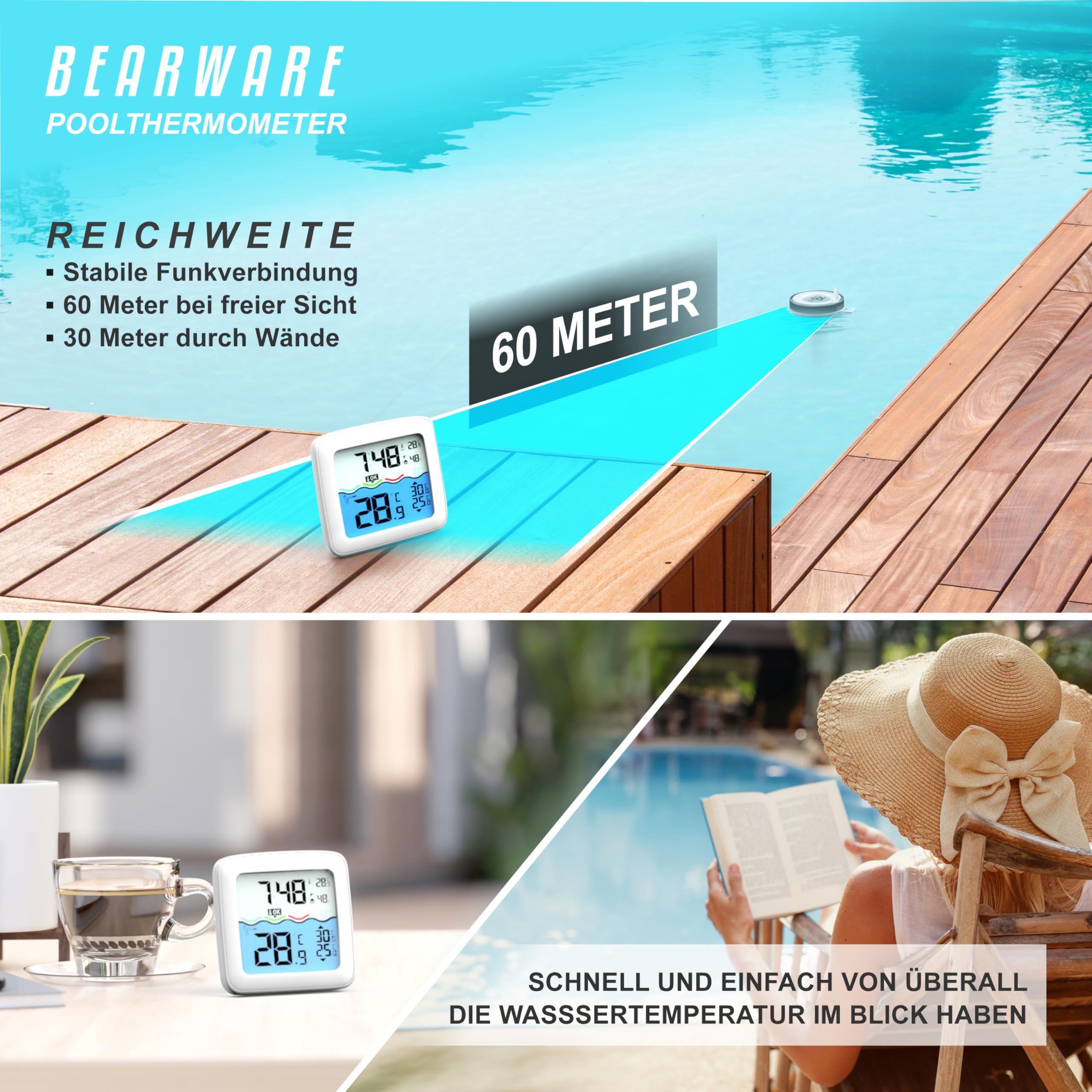 CSL - Funk Poolthermometer digital – Basisstation mit Schwimmer – Wassertemperatur Innentemperatur Luftfeuchtigkeit - DCF Uhrzeit – Pool Thermometer schwimmend