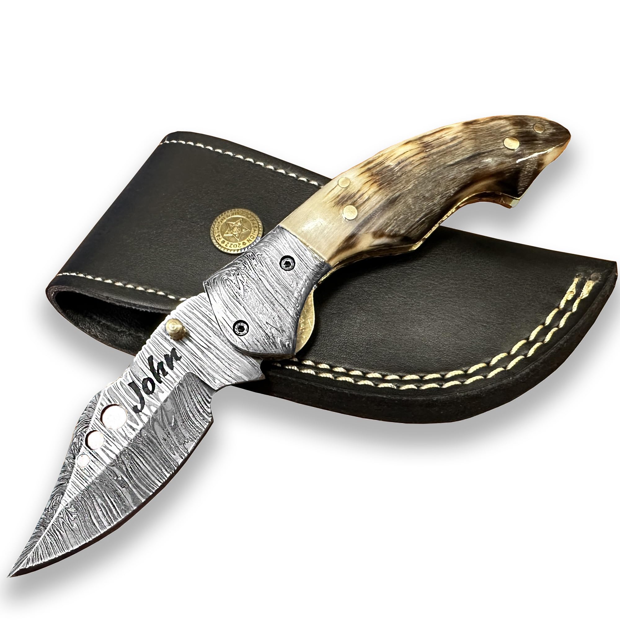 Damascus Steel Pocket Knife For Men With Leather Sheath, Handmade 7 inch Folding Hunting Knives, Handle - Personalized Gift Knife for Dad, Anniversary, Wedding, Christmas (Personalized ram horn)