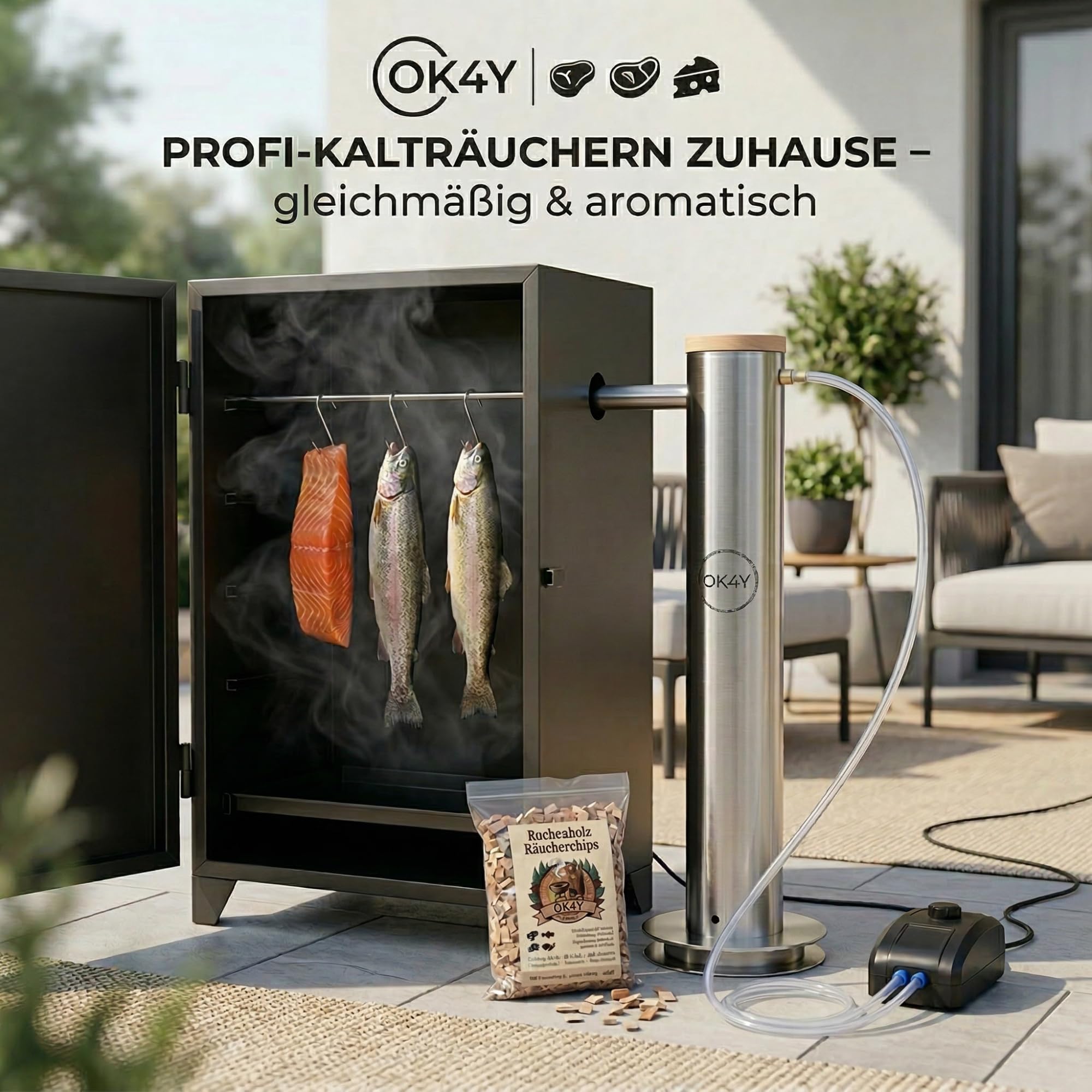 Generador de humo frío XXL – Acero inoxidable 4,3 L, 70 cm para ahumar, ahumar y barbacoa – Perfecto para pescado, carne, queso y salchichas – Ahumadores en frío profesionales en casa con chips