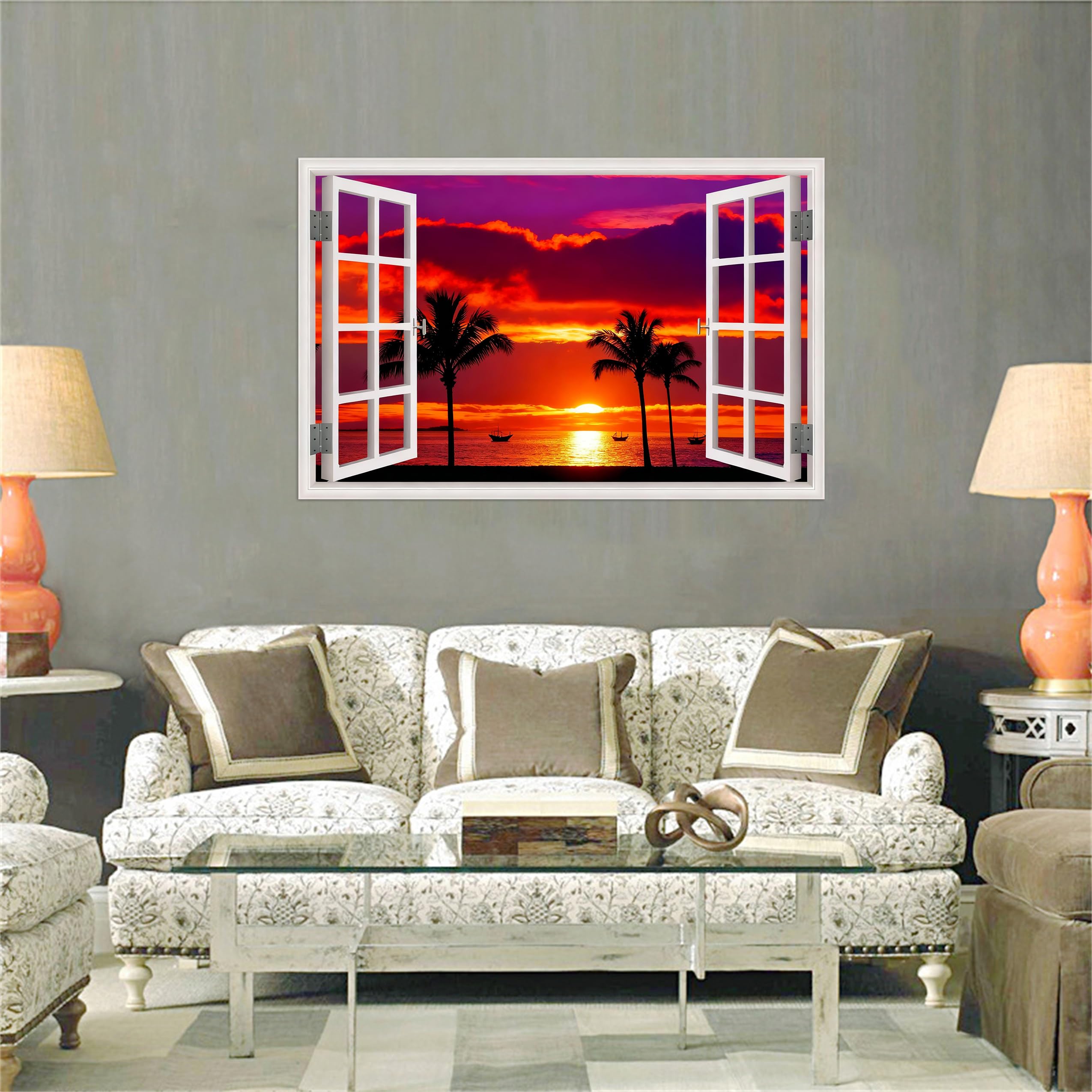 SDYSKKUG Fensterblick Landschaftsbilder. PalmenBaum Meer Sonnenuntergang. Natur Druck auf Leinwand. Leinwandbild für Wohnzimmer Wanddekoration 120x80cm Ungerahmt