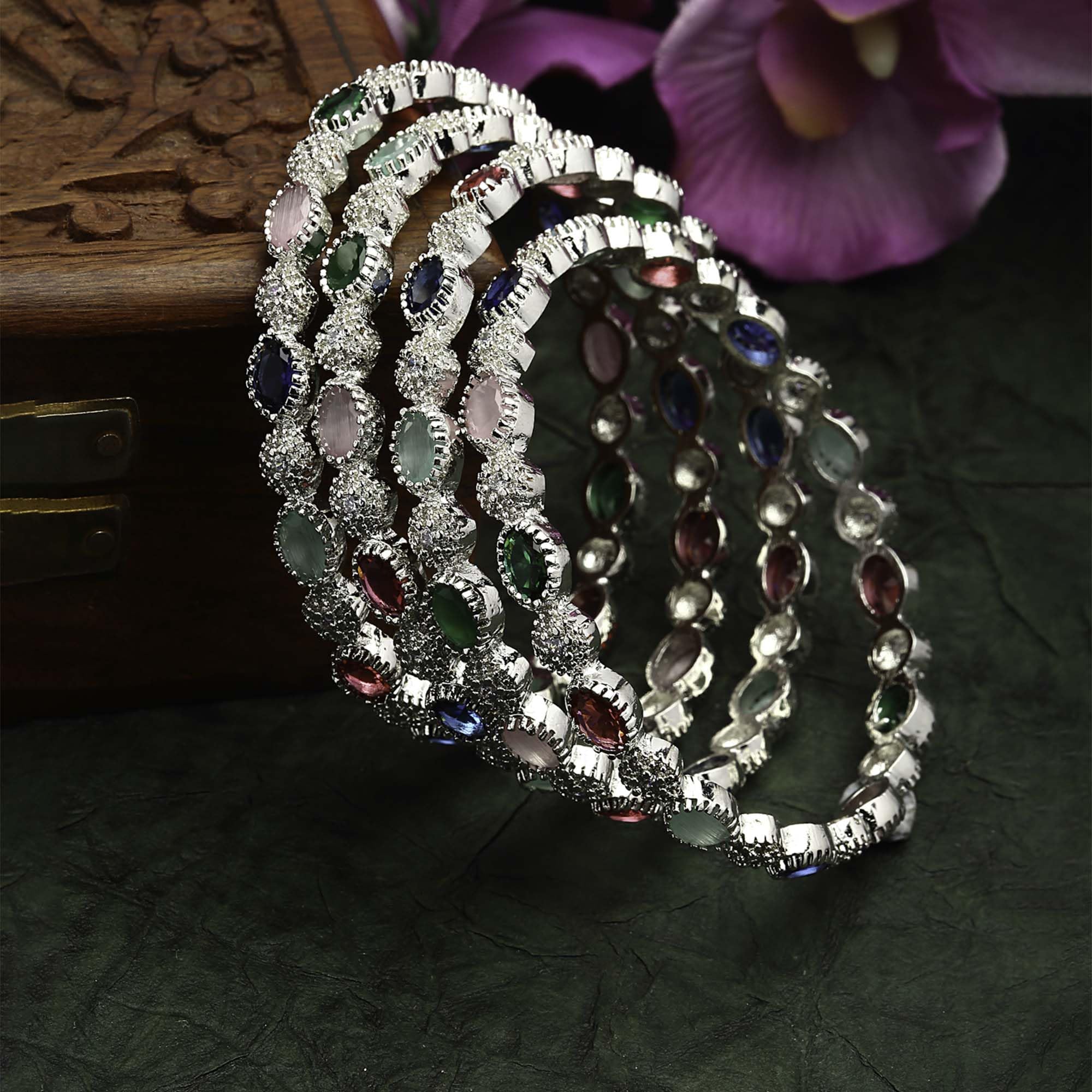 Rhodium-Plated American Diamond Bangles Set of 4 (2.6)