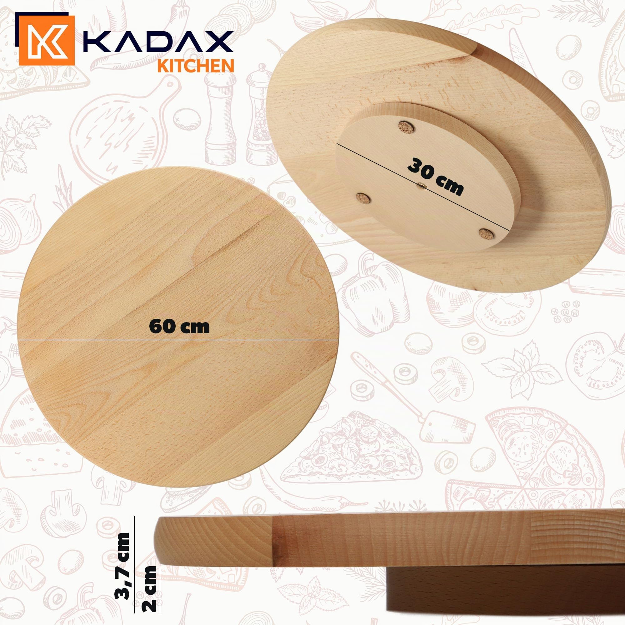KADAX drehbare Servierplatte, Drehteller aus natürlichem Holz, antibakterielle Drehplatte, klingenfreundlicher Servierteller, Snackteller zum Servieren (ø 60cm)