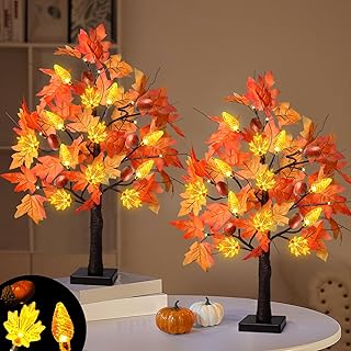 2 Pack 24 Inch Prelit Fall Maple Tree Fall Decor with 48 LEDs Timer Battery Operated Pinecones Acorns Artificial Autumn Maple Tree for Thanksgiving Harvest Indoor Outdoor Home Decorations
