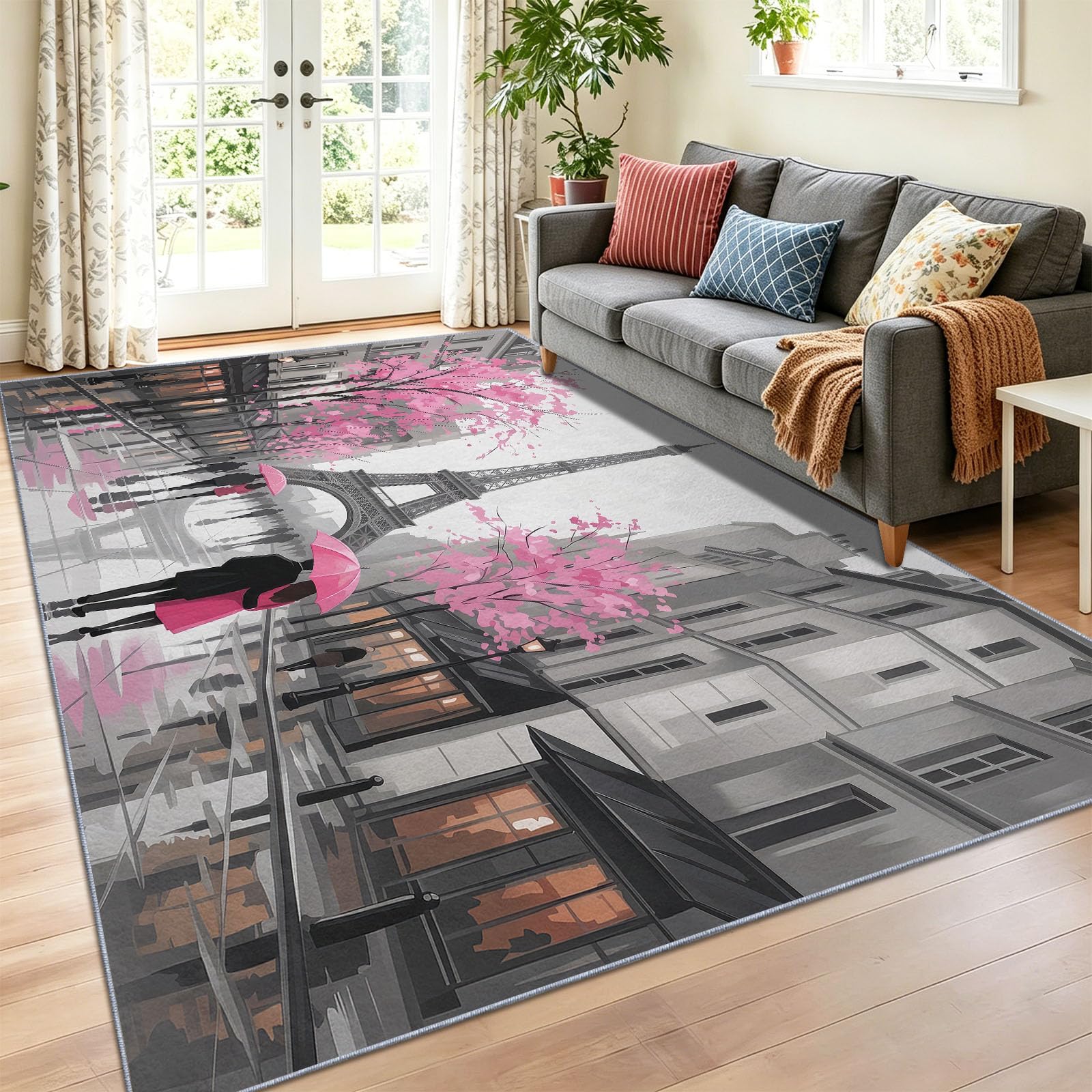 Französisch Fotografie Teppich Waschbar 100 x 150 cm, Eiffelturm Strasse Bäume Weich rutschfest Kurzflor Teppiche, für Wohnzimmer Schlafzimmer Esszimmer Büro, Bunt