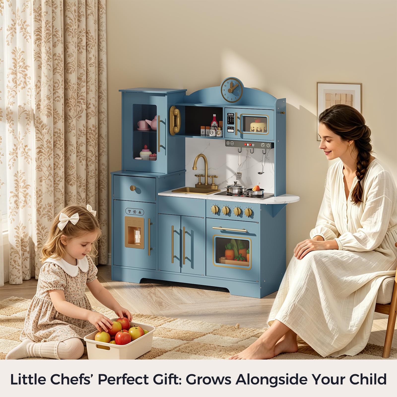 Cocina Juguete para Niños, Cocinita Infantil con Sonido Fogón Grifo Fregadero Microondas Reloj Máquina de Hielo y Accesorios de Cocina, Cocinita de Madera Infantil y 3 Años +, Educativo Imitación