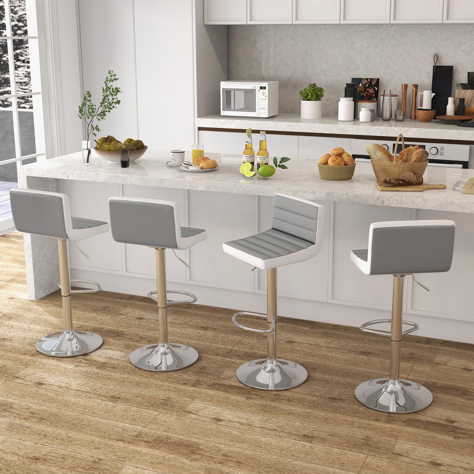 RELAX4LIFE Set di 2/4 Sgabelli da Bar, Sgabelli Regolabili e Girevoli con Base in Metallo Antiscivolo e Poggiapiedi, Sedie da Bar in Pelle PU senza Braccioli per Cucina, Pub, Caffè, Grigio & Bianco