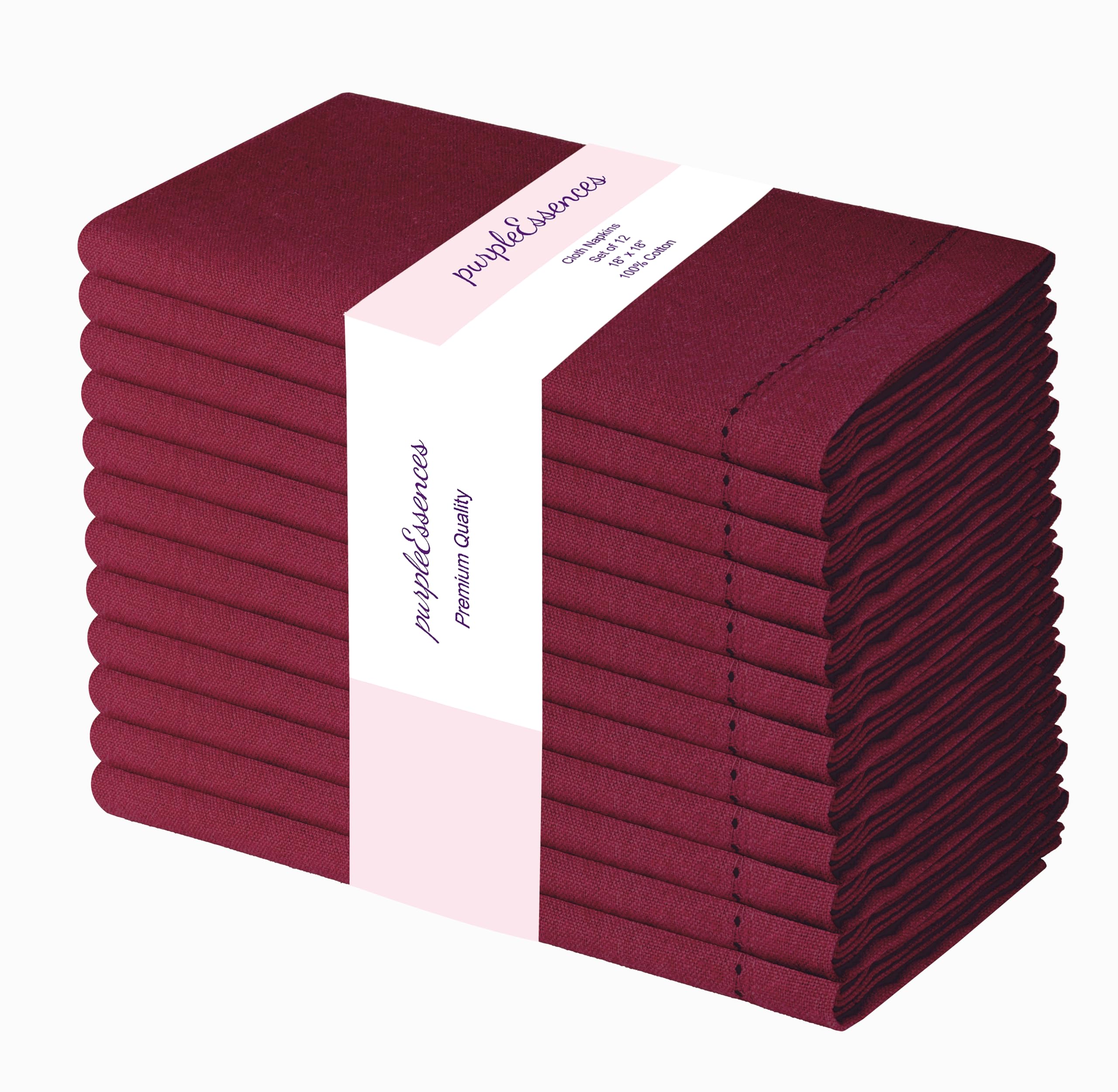 PurpleEssences Set of 12 Hemstitch Cloth Dinner Napkins 100% Cotton - Soft Durable Washable - Ideal for Wedding Fall Thanksgiving - Perfect Everyday Use Table Linen 18x18 - Burgundy