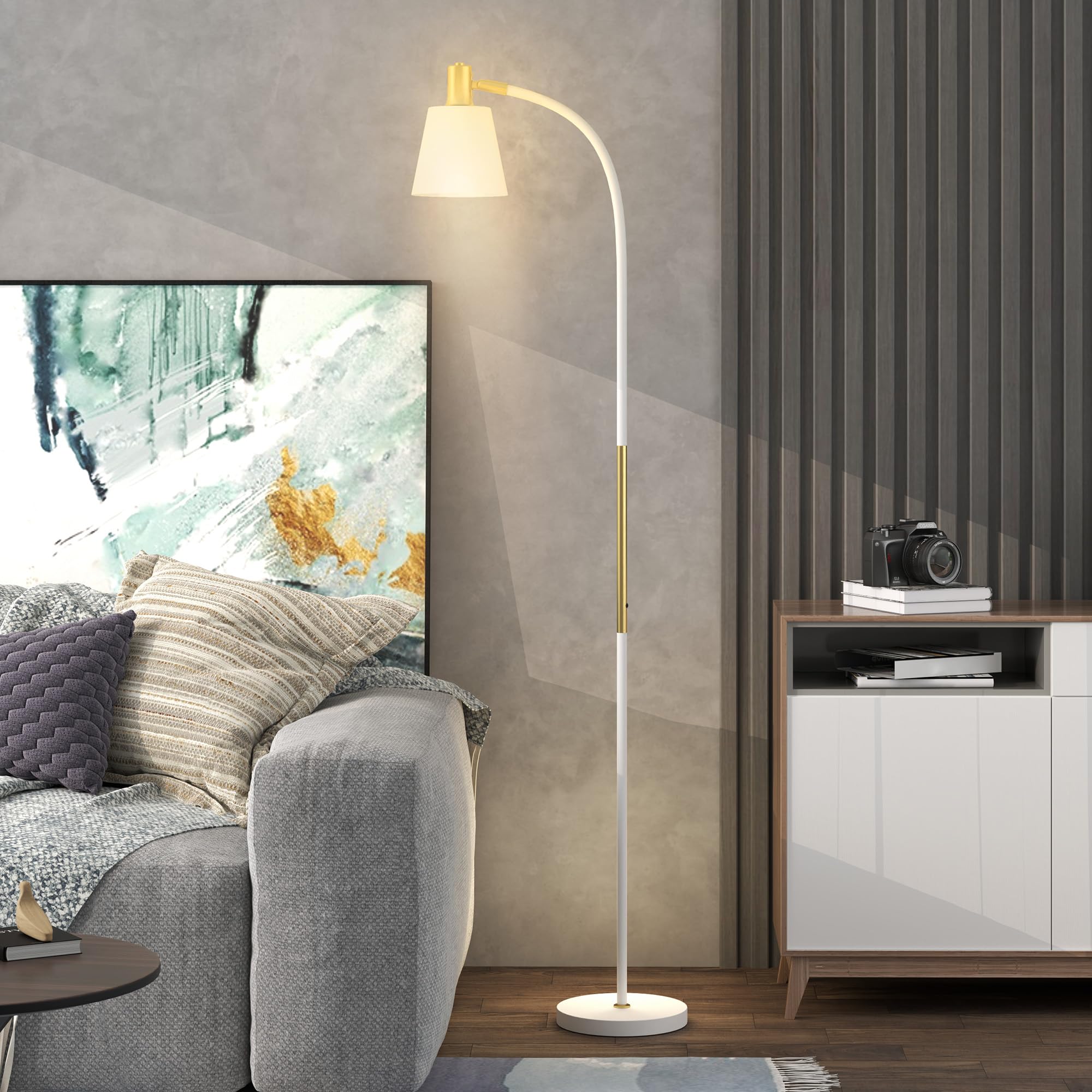 HOMCOM Lámpara de Pie LED con Altura Ajustable Pantalla Blanco y Dorado | Lámpara de Pie Salón, Interruptor Basculante, para Sala de Estar Oficina Dormitorio