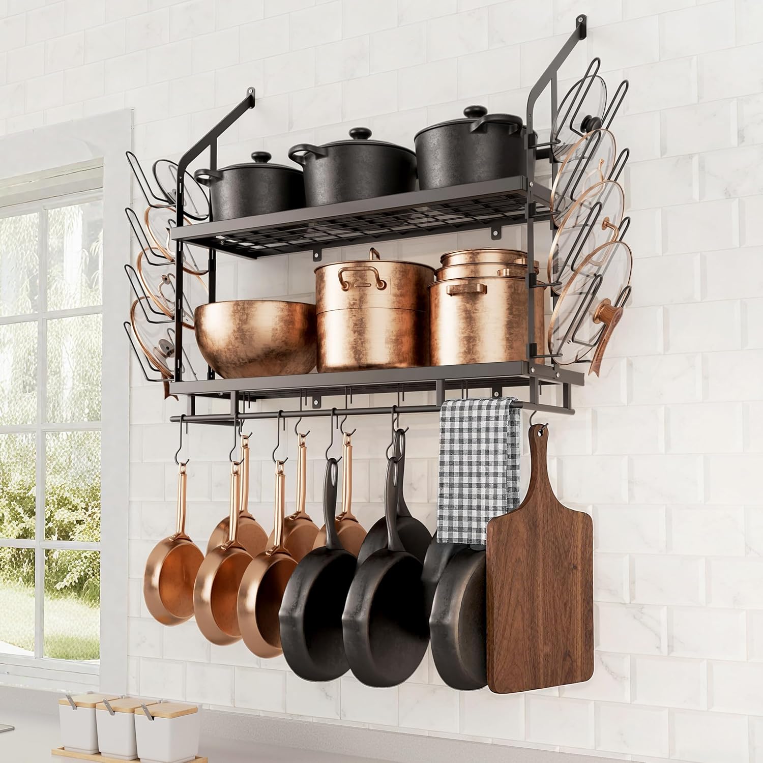 KES 30-Inch Pot Rack Wall Mounted with 8 Secure Lid Holders & 12 Sturdy Hooks, 2-Tier Kitchen Hanging Pot and Pan Organizer, Ample Storage for Tall Cookware, KUR215S75C-BK