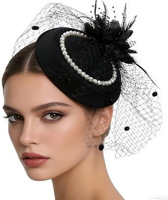 IZUS Women Flower Decor Bowler Fedora Hat with Veil Felt Brim Church Party Cap Vintage 1920s Elegant Fascinator Hat Small