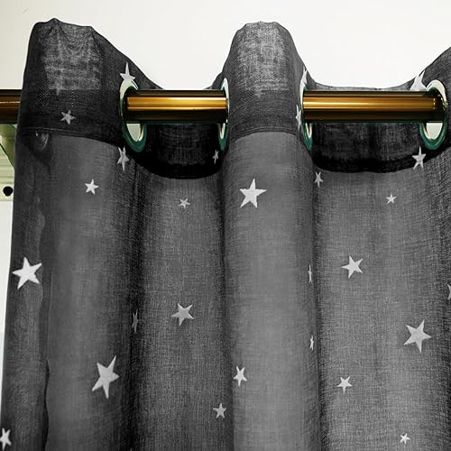Miniatura 7 de Eimilaly Cortinas traslúcidas con estrellas que brillan en la oscuridad, cortinas traslúcidas de metal perforado de 84 pulgadas de largo, toldo