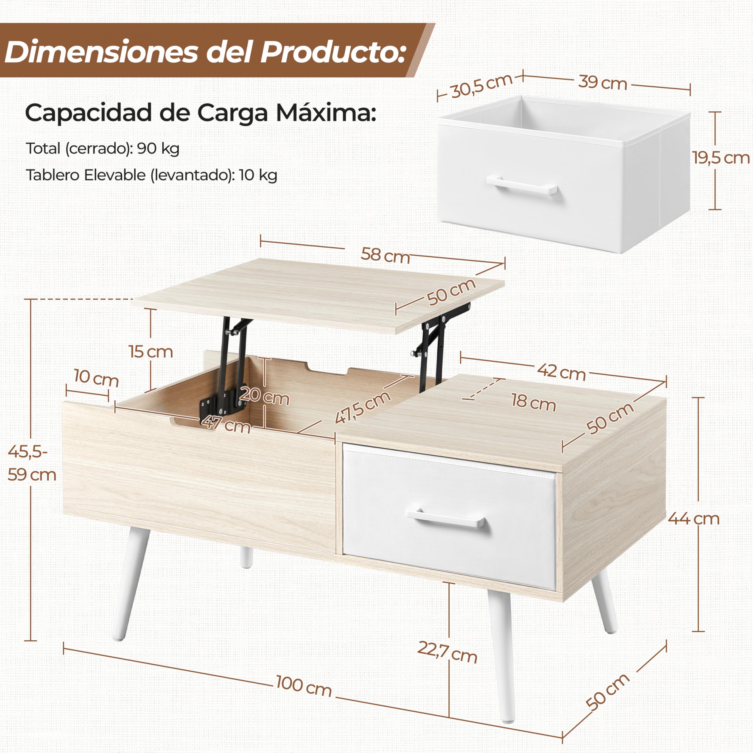 Yaheetech Mesa de Centro Elevable 100x50x45-59cm con Almacenamiento | Lateral y Oculto,Equipada de 1 Cajón y Patas de Madera para Salón y Cocina