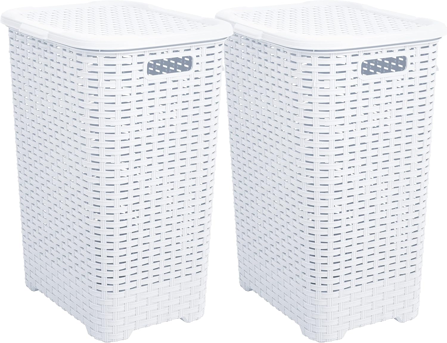Superio Laundry Hamper with Lid 60 Liter White (2 Pack) Plastic Wicker Large Hampers Basket with Cutout Handles, Deluxe Bin to Storage Dirty Cloths in Washroom Bathroom