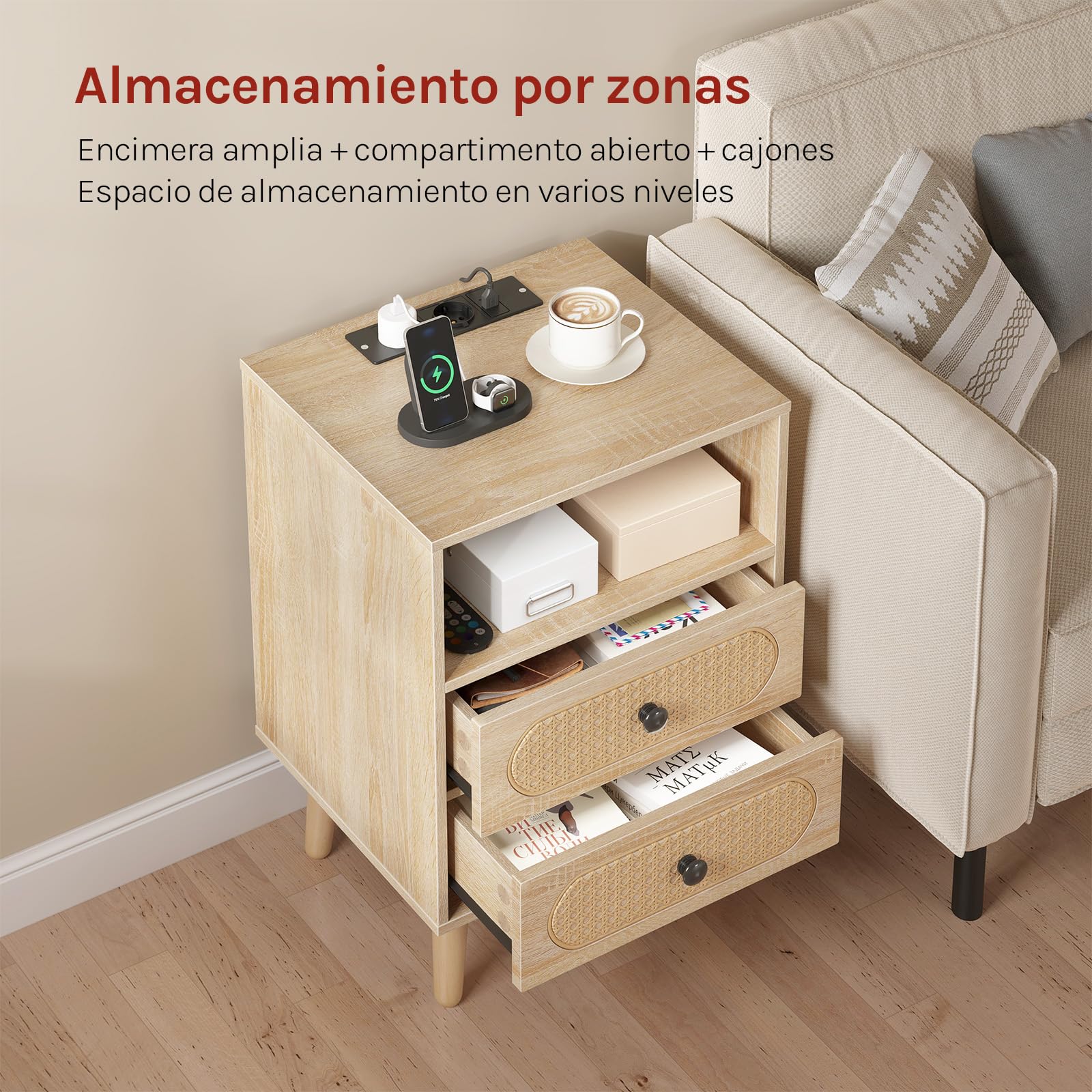 WOLTU Mesita de Noche con Luz LED, Mesa Auxiliar con Regleta
