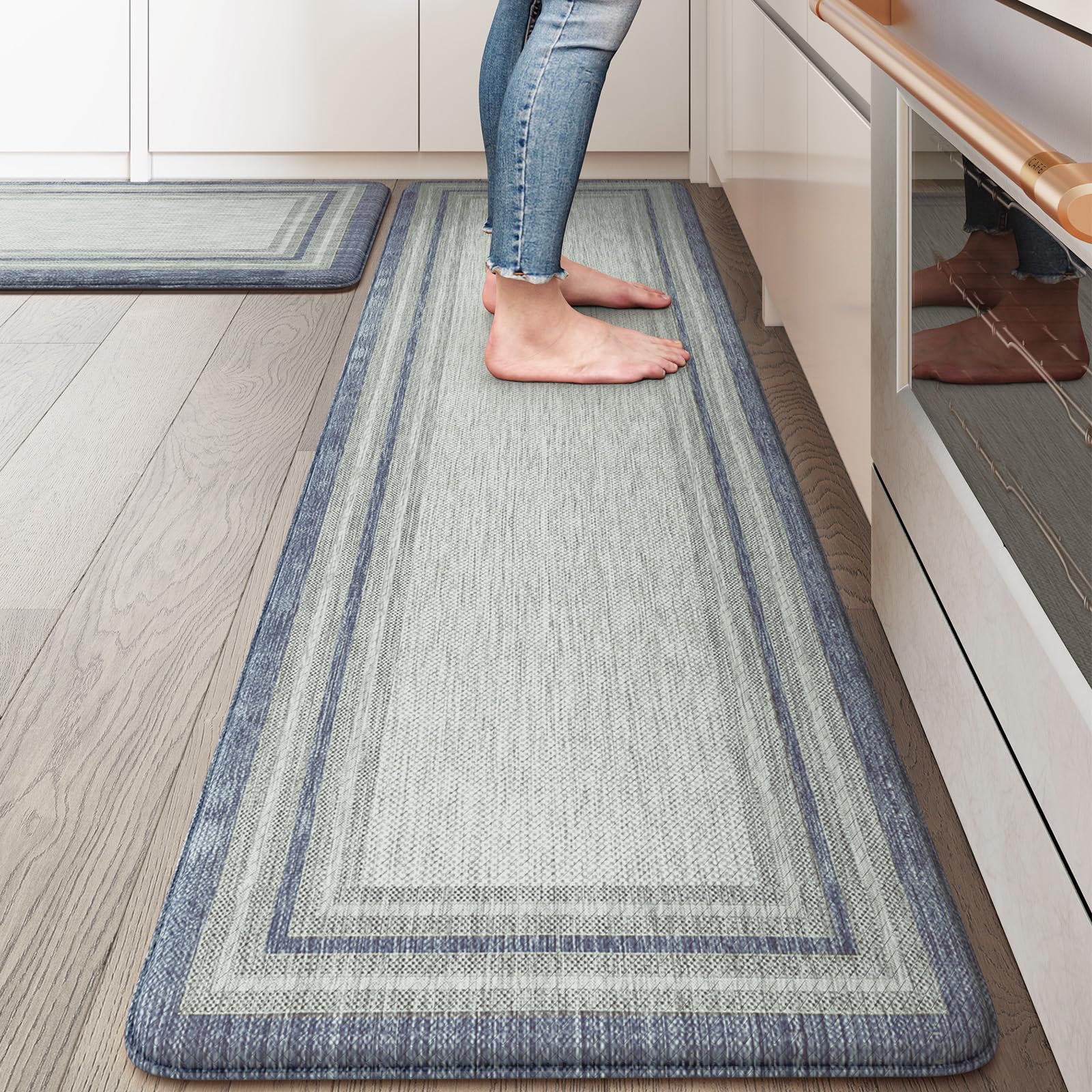 KIMODE Anti Fatigue Kitchen Mat 2PCS,Non-Skid Waterproof Kitchen Rugs,Farmhouse Kitchen Mat for Floor,Cushioned Comfort Foam Standing Mat for Floor,Office,Sink,Desk,Laundry,Blue and Gray — image 1