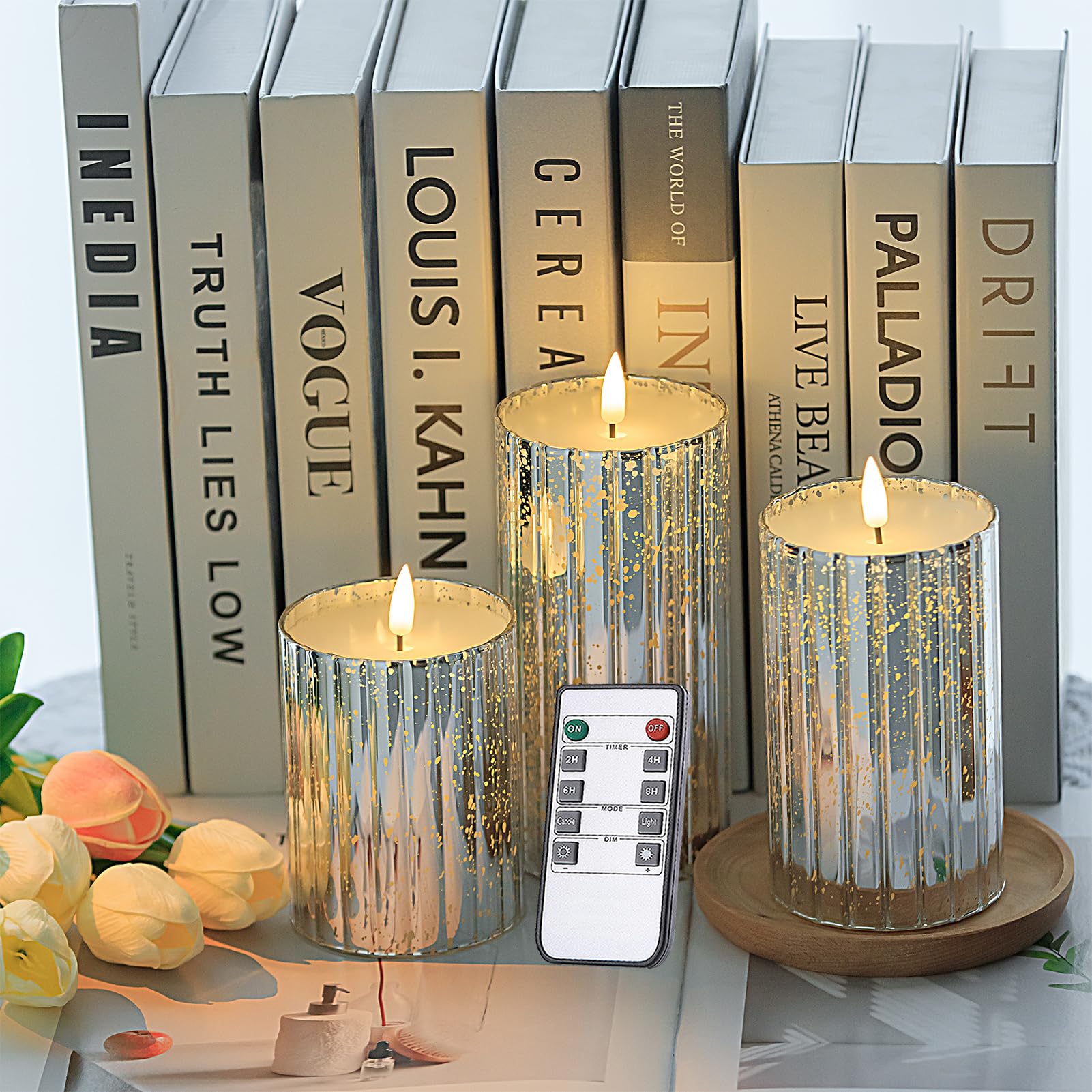 Silver Flameless Candles Set - 3 Pack(Φ 3" H 4" 5" 6") with Remote, Starscape Glass LED Night Lights for Home Decor, Wedding, Christmas Mantle,Battery Operated Flickering LED Pillar Candles
