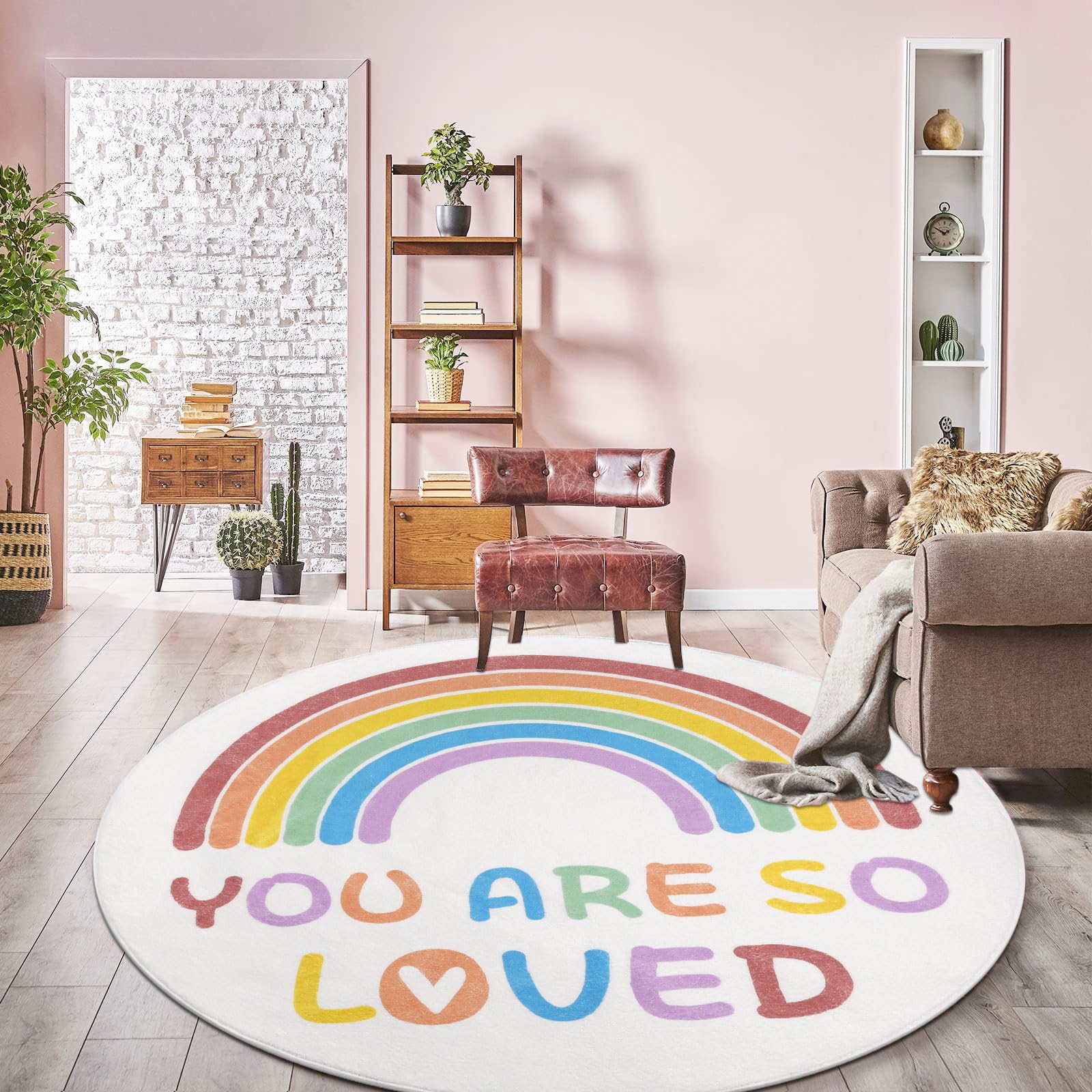 Enyhom Tappeto rotondo da 120 cm, motivo arcobaleno, per cameretta dei bambini, morbido, antiscivolo, lavabile in lavatrice, per gattonare