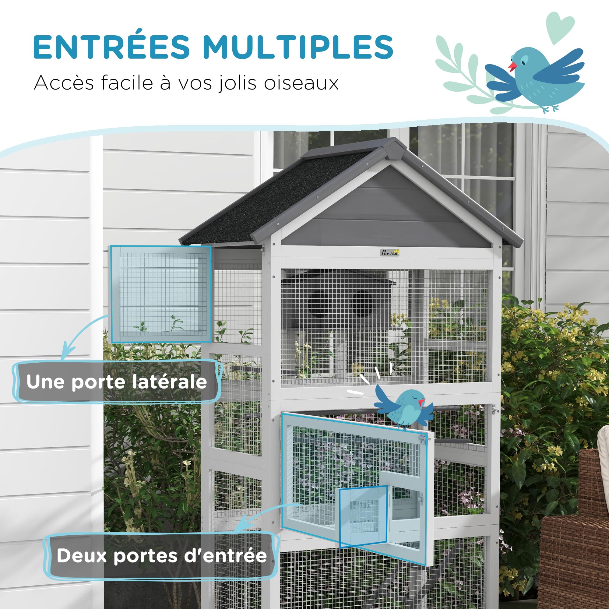 PawHut Cage à Oiseaux en Bois, Cage Perroquet, Aire de Jeux, volière Oiseaux extérieur, Toit Asphalte imperméable, pour Perruche, calopsitte, Conure, canaris, 92 x 52 x 171 cm, Gris