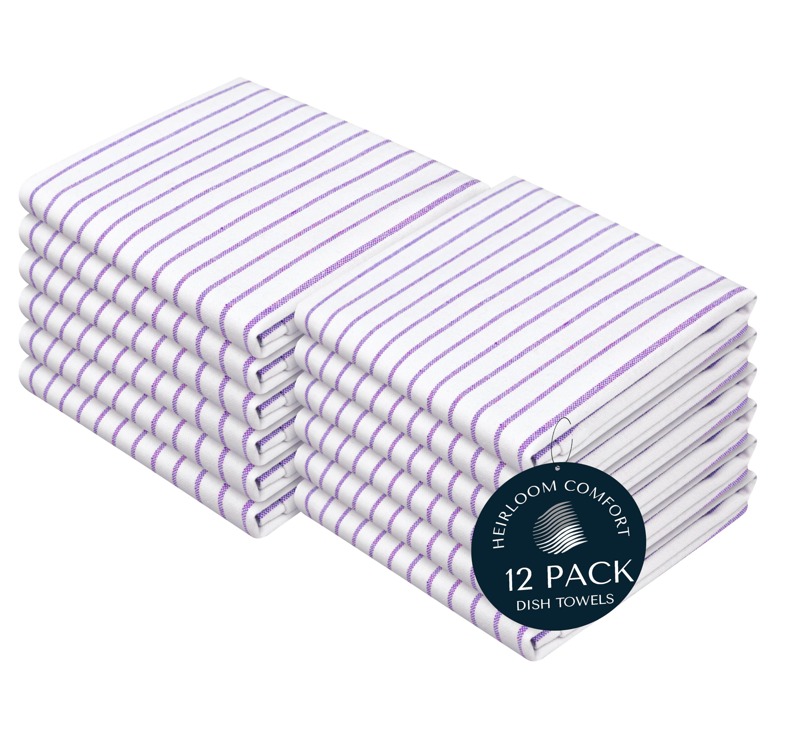 Lot de 12 torchons de cuisine à rayures lavande, 100 % coton, super absorbants et à séchage rapide, à rayures classiques, durables pour une utilisation en cuisine, nettoyage et