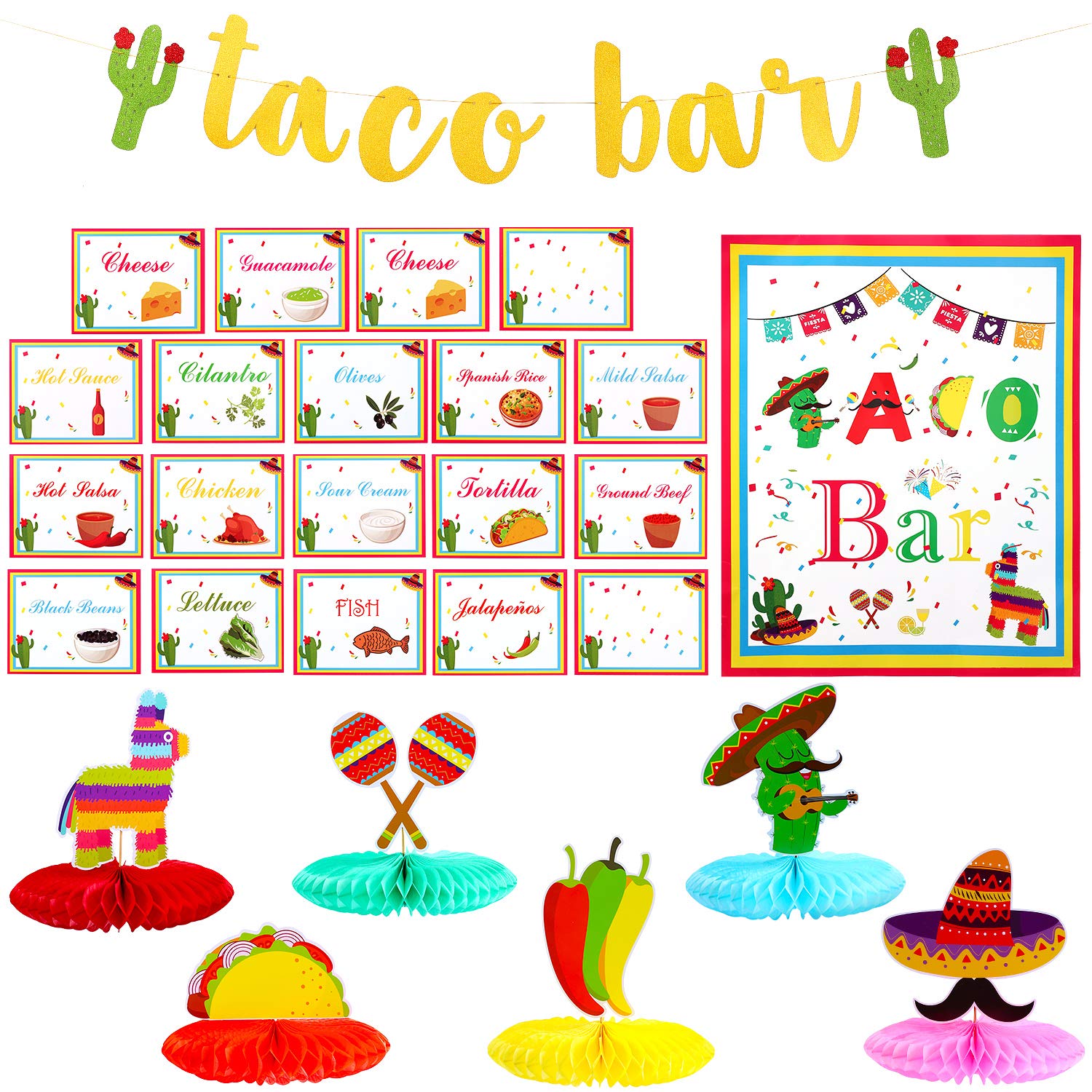 Amazon.com: 28 Pieces Taco Bar Decorations Set, Taco Bar Banner Party Sign  20 Pieces Colorful Table Tent Cards 6 Pieces Fiesta Honeycomb Table  Centerpiece Decorations for Mexican Theme Party Cinco De Mayo :