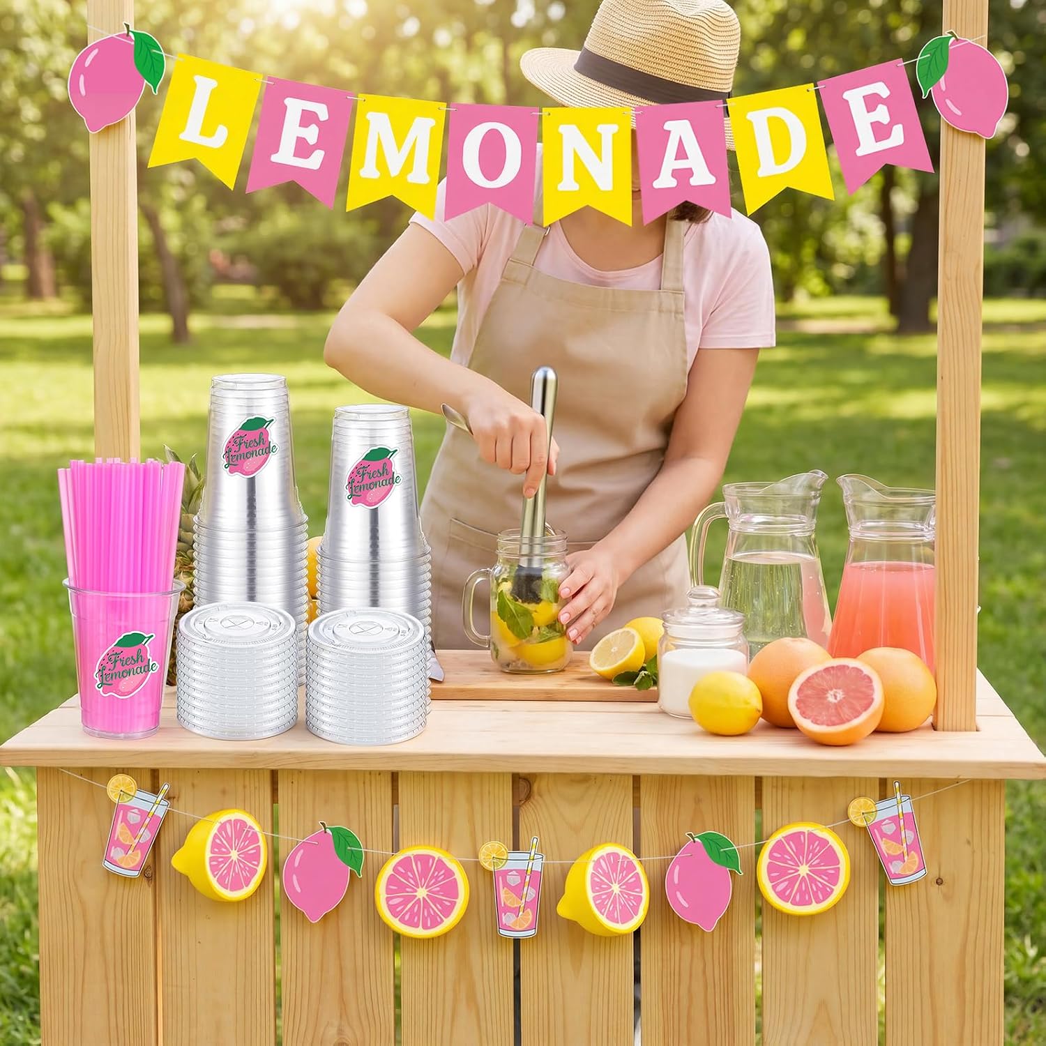 Jingmore 150 Sets Lemonade Stand Supplies Kit 12 oz Lemon Cups with Lids and Straws, Pink and Yellow Lemonade Banner, Sticker, Muddler & Mixing Spoon for Graduation Wedding Birthday Party Decorations