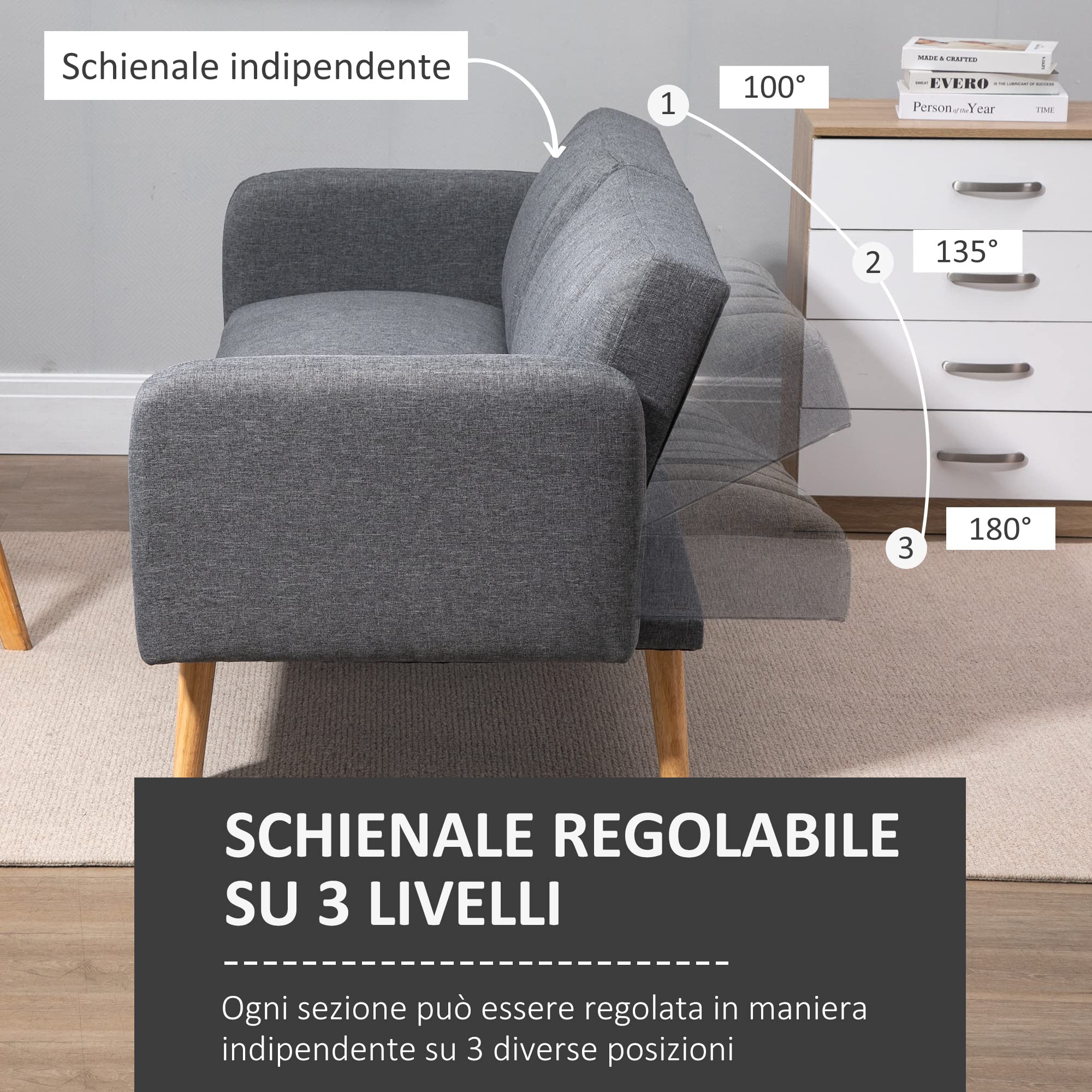 HOMCOM Divano Letto 2 Posti a 1 Piazza con Schienale Reclinabile, Rivestimento Tessuto e Gambe in Legno, 173x75x73cm, Grigio