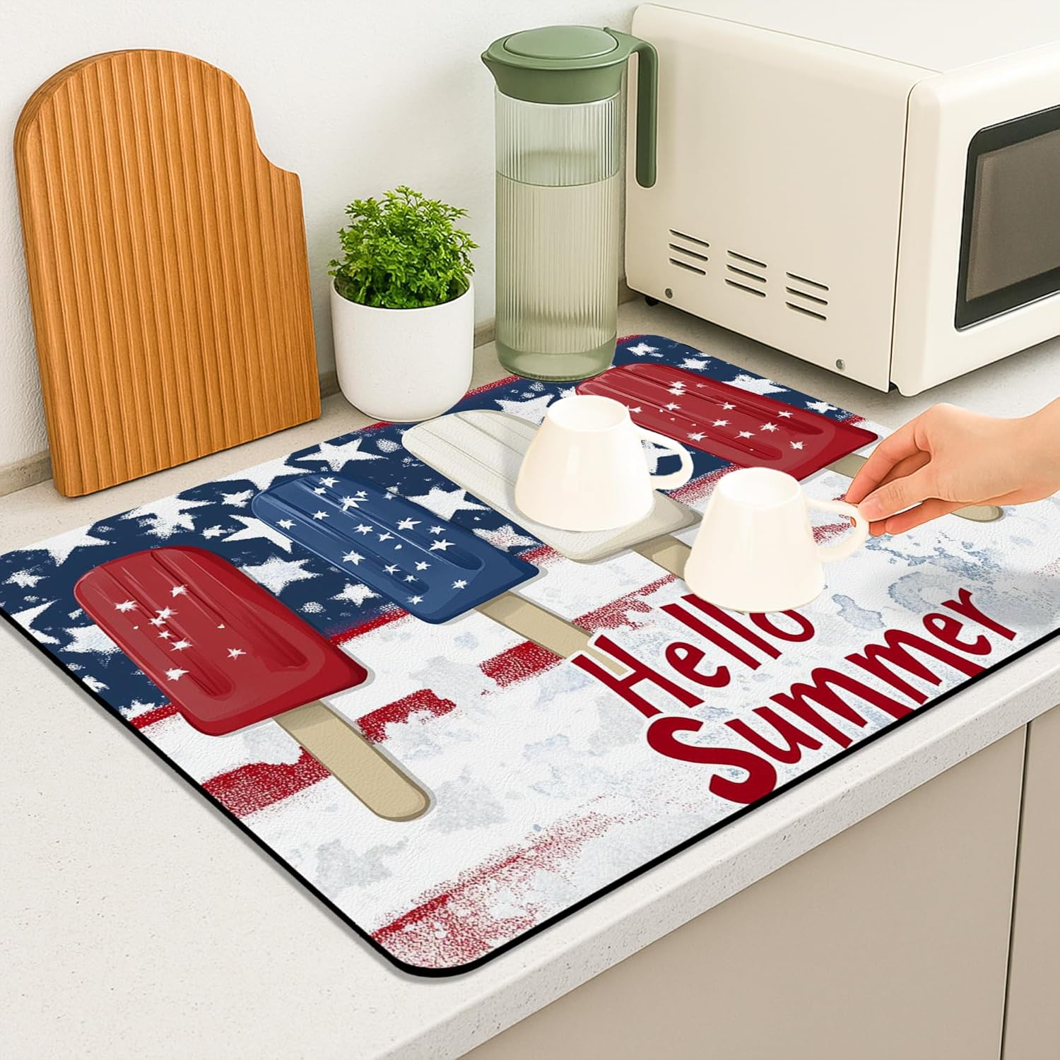 Patriotic Dish Drying Mats For Kitchen Counter, Vintage Americana Absorbent Rubber Dish Drainer Rack Mat, Summer Style PU Leather Drying Pad For Kitchen Counter BBQ Protector 18x24 Inch