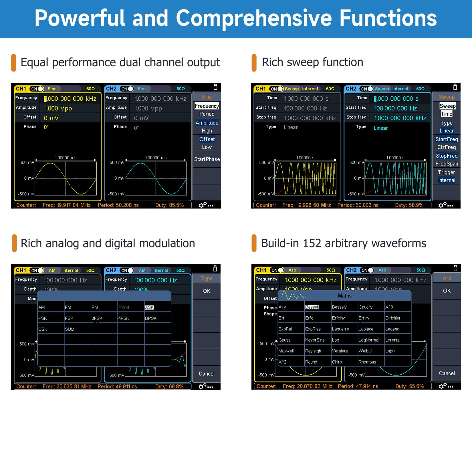 OWON Funktionsgenerator XDG2030, Signalgenerator, Funktionsgeber 2 Kanäle 30MHz, Arbitrary Waveform Generator, Signalgenerator 500MSa/s Sample Rate, Waveform Generator mit 7 Zoll TFT LCD Bildschirm