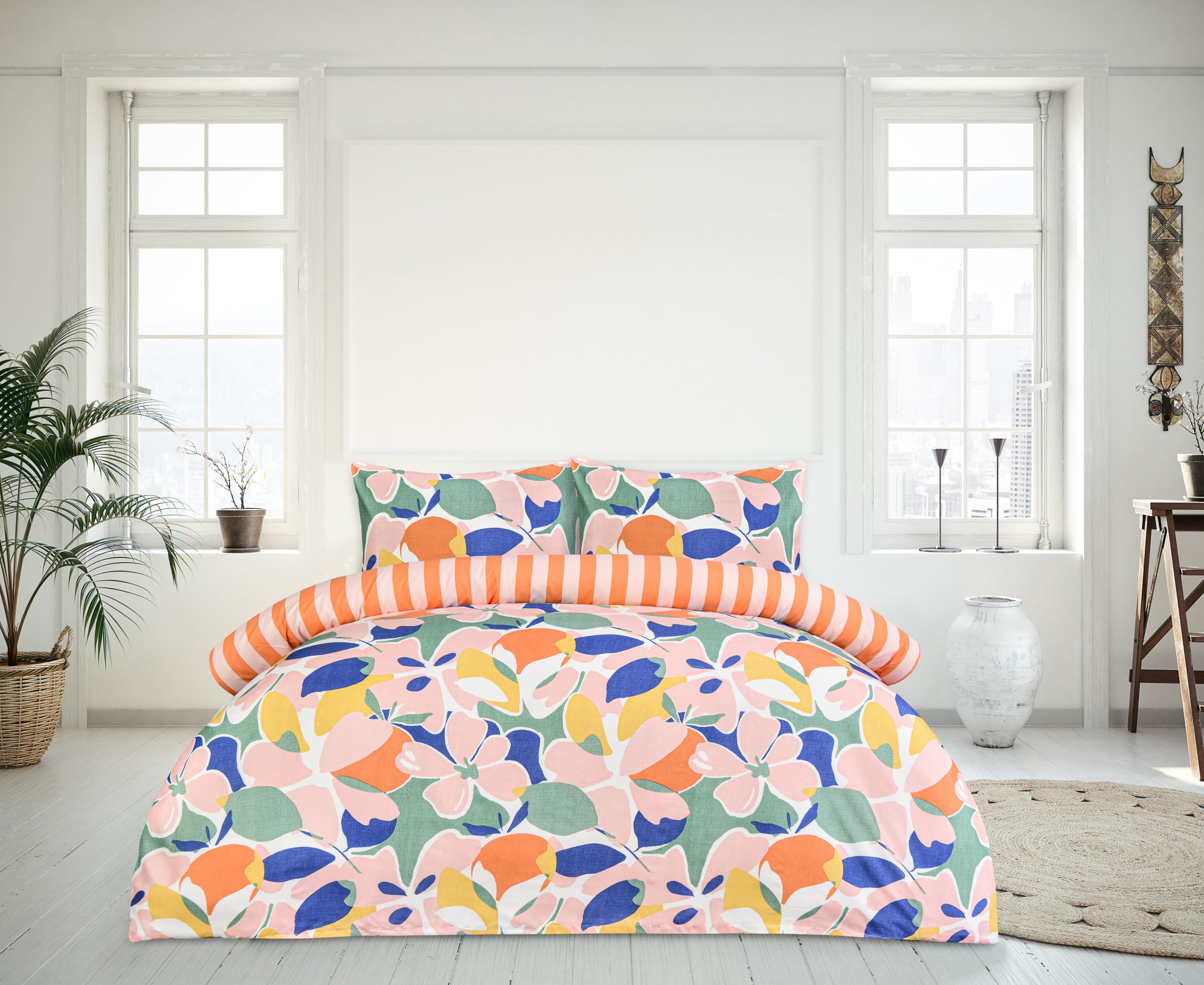Sleepdown Abstract Floral Reversible Duvet Set – Super Soft, Lightweight, 100% Polyester Microfibre, Popper Fastening 1 Duvet Cover and 2 Pillowcases, 3-Pcs Bedding Set (King, 230 X 220 cm, Multi)