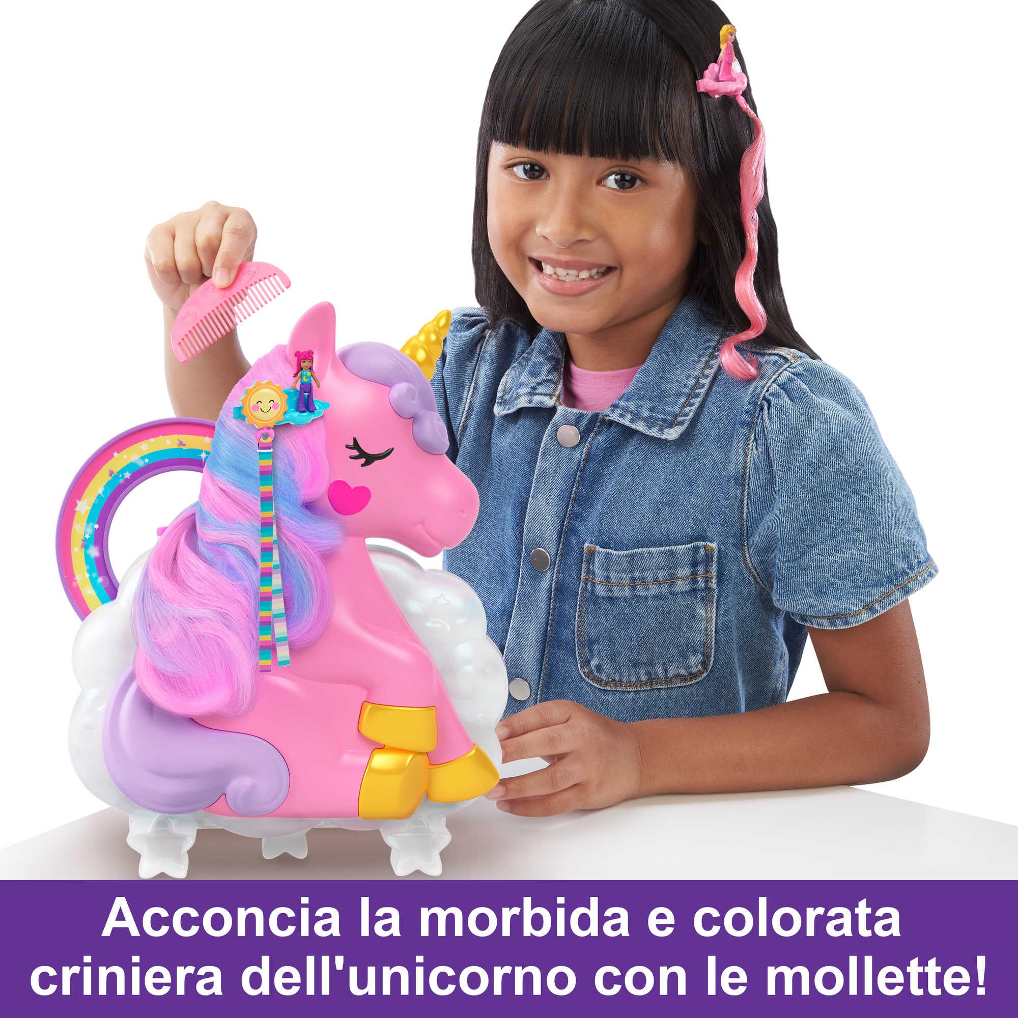 Polly Pocket - Salone di Bellezza Unicorno Arcobaleno, playset cofanetto con unicorno con testa pettinabile e 2 micro bambole, oltre 25 accessori, giocattolo per bambini 4+ anni, HMX18