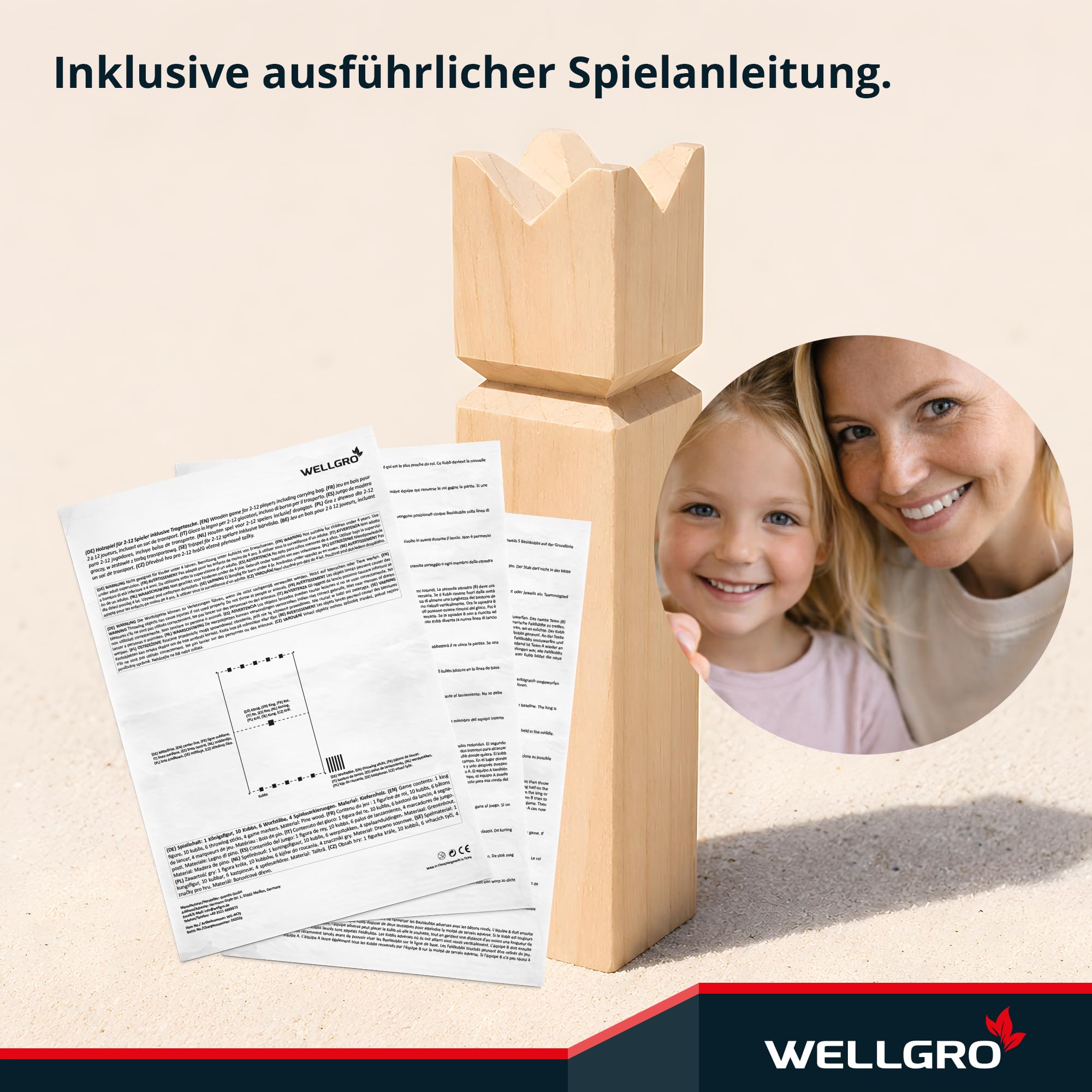 WELLGRO Kubb Spiel aus Holz für 2-12 Spieler – Schwedenschach mit Naturholz König, Netzbeutel & Anleitung, Wikinger Schach Outdoor