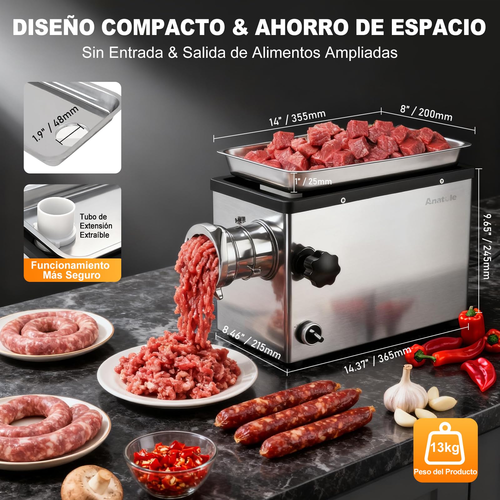 Anatole Picadora de Carne Eléctrica Comercial 1100W Acero Inox Integral | Triturador de Huesos, Apto para Lavavajillas, 4 Placas, 2 Cuchillas, 4 Embutidora de Salchichas, para Restaurante Casa, 220V