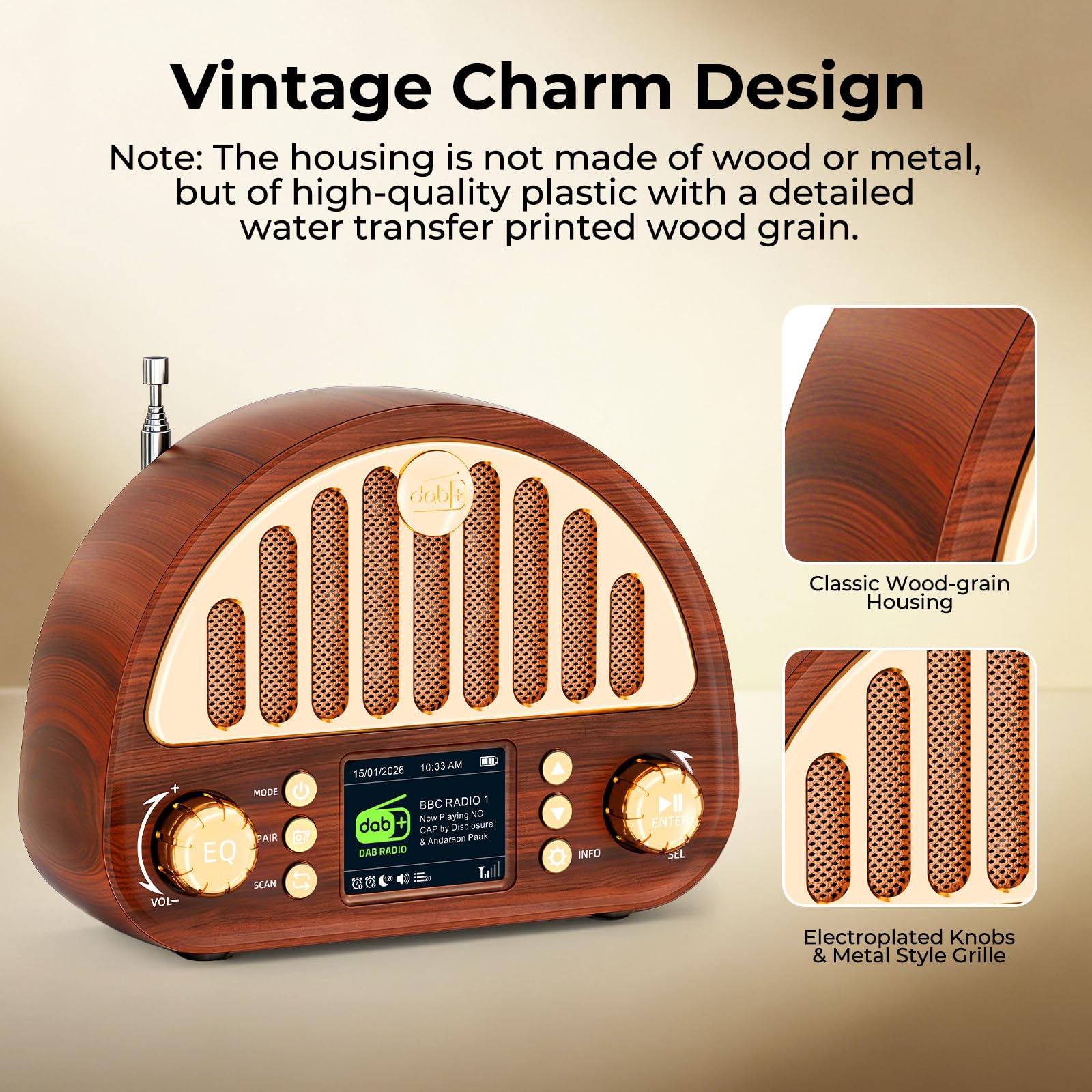 ROCAM Radio DAB+/FM, radio rétro avec Bluetooth 5.0, haut-parleur Full Sound 8 W, batterie 3000 mAh, écran couleur 2", RDS, AUX IN/cartes MicroSD, double réveil, minuterie de sommeil, 80 préréglages