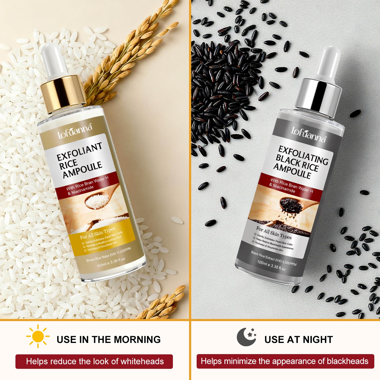 Sérum Exfoliant Visage au Riz Blanc 100ml + Riz Noir 100ml, Peeling Visage Doux AHA BHA VB3, Élimine Peaux Mortes, Affine le Grain de Peau, Réduit Pores, Éclat & Hydratation, Soin Coréen,Toute la Peau