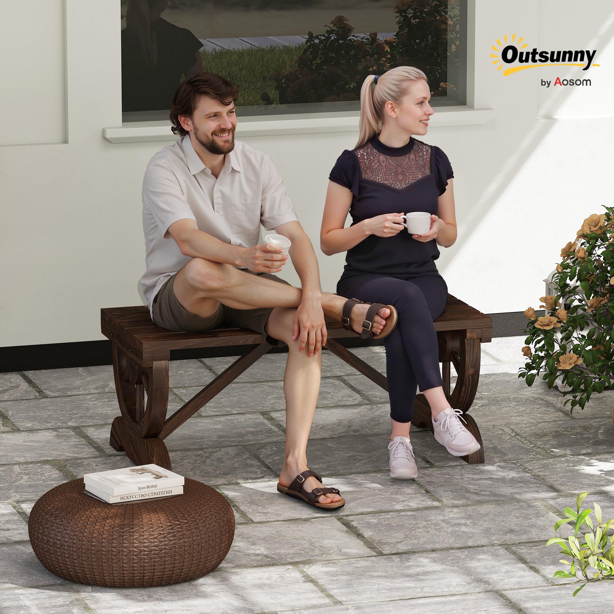 Outsunny Panchina da Giardino da 2 Posti con Design a Ruota, Panchina da Esterno a Doghe in Legno di Abete, Panca per Terrazza Patio e Cortile, 98x50x39.5 cm, Marrone