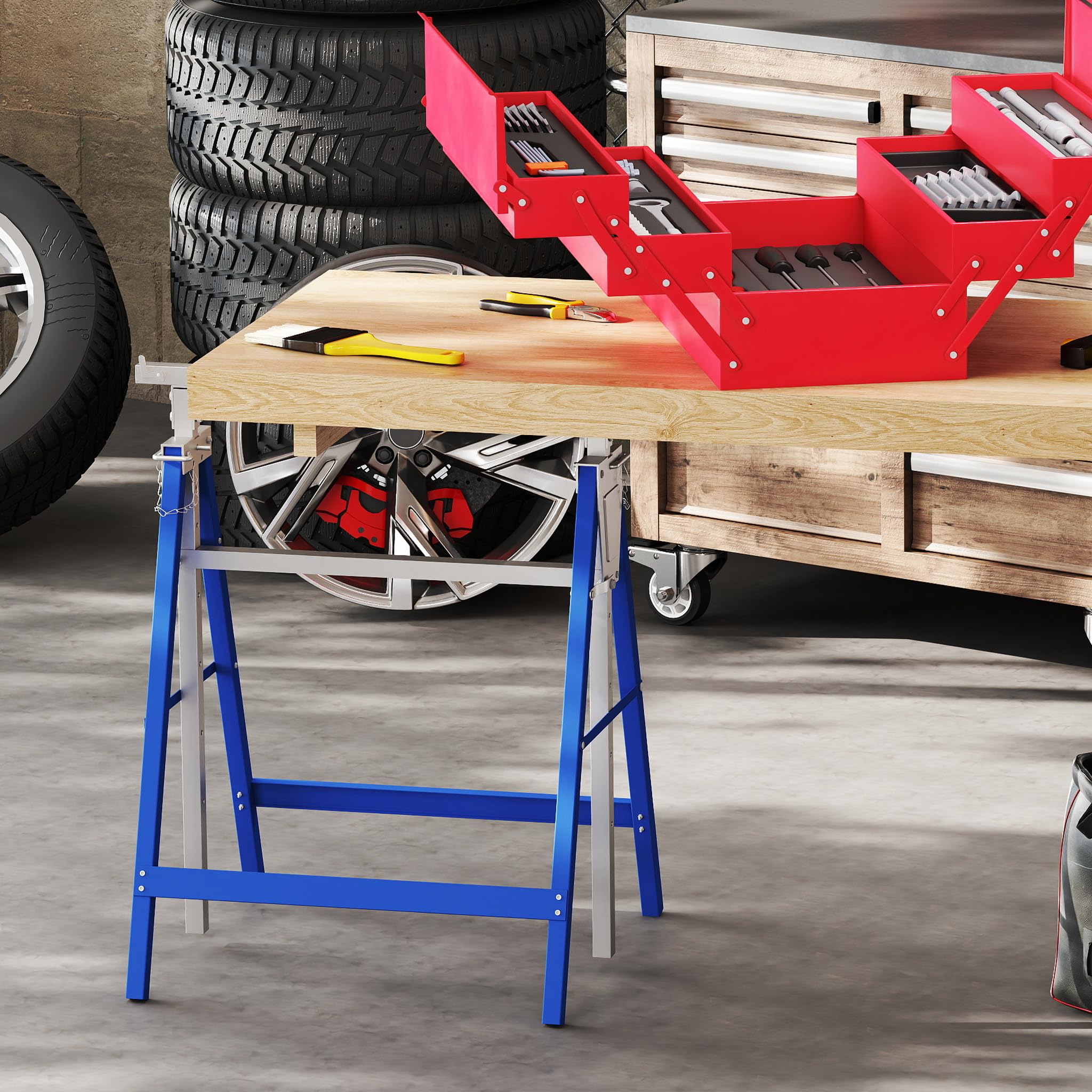 AufuN Lot de 2 tréteaux d'échafaudage réglables en hauteur de 800 à 1300 mm - Support stable pliable - Charge maximale : 150 kg - Supports en métal pour un rangement et un transport faciles - Bleu