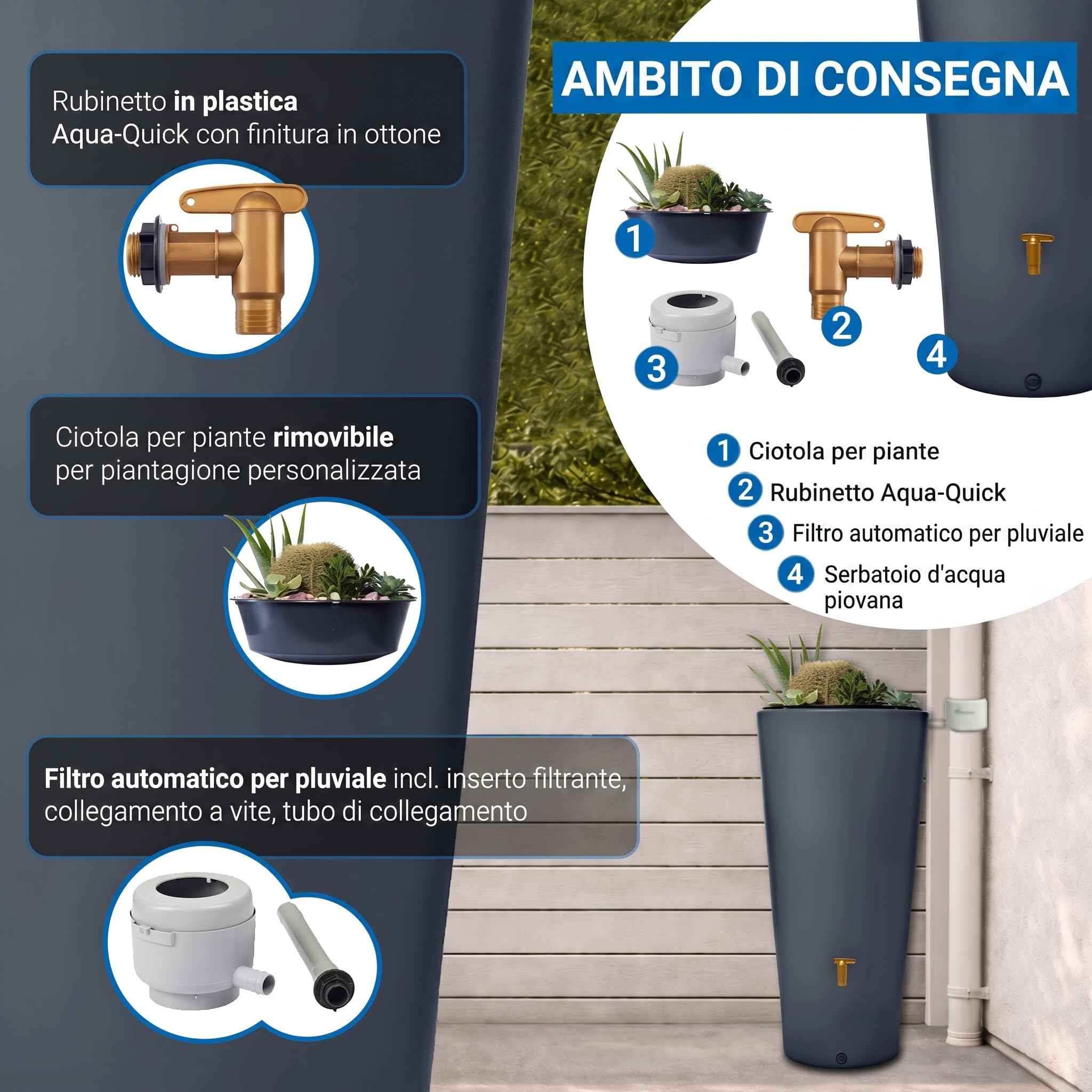 4rain VASO 2in1 serbatoio per pioggia 220 litri grigio grafite incl. rubinetto in plastica e raccordo pluviale - raccolta acqua piovana da giardino - serbatoio acqua con rubinetto - profilo slanciato