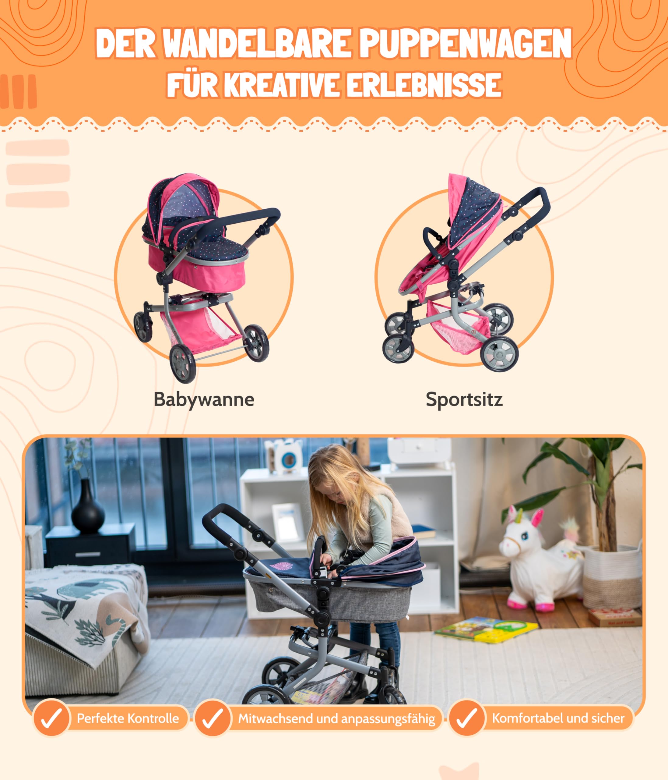 Bayer Chic 2000 - Passeggino per bambole Mika, passeggino combinato 2 in 1 per bambini dai 4 agli 8 anni, passeggino per bambole fino a 52 cm, coriandoli rosa