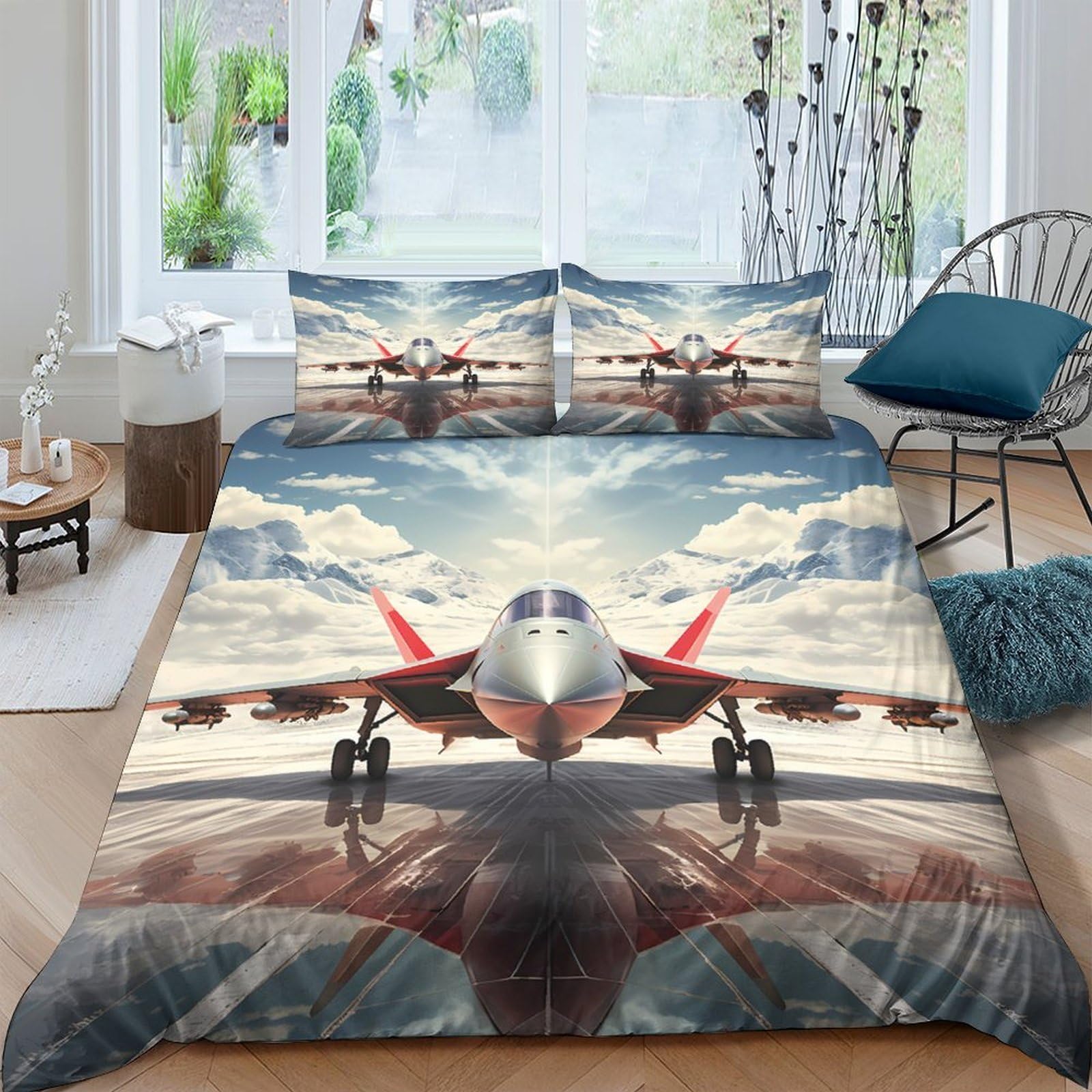 GPLZQXKJNH 3D Printed Airplane Runway Duvet Cover Set Microfiber Soft Breathable Sky View Bedding Set with 2 Pillowcases for Bedroom Decor Single（135x200cm）