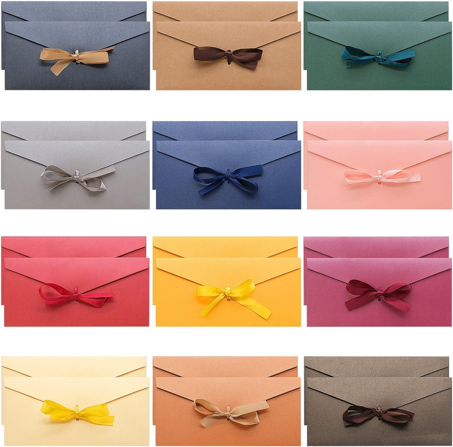 24 Pcs Envelopes with Ribbon Bow Vintage Kraft Paper Envelopes for Wedding Birthday Mother's Day Christmas Thanksgiving Envelope (12 Colour)