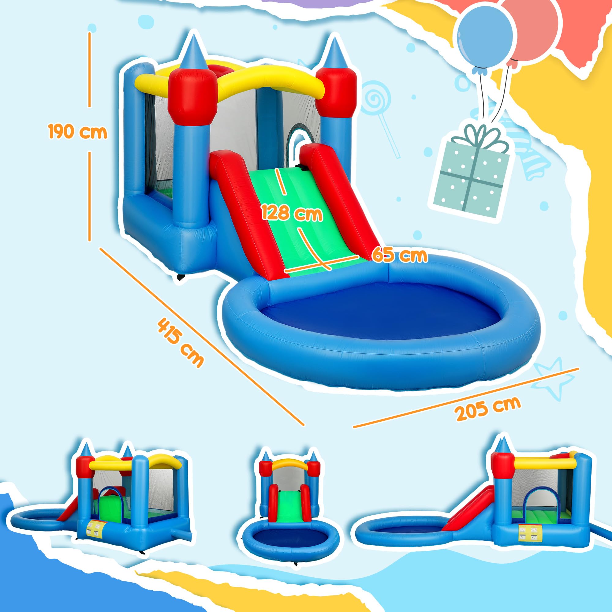 AIYAPLAY Castello Gonfiabile per Bambini 4 in 1 con Scivolo, Trampolino, Piscina Palline, Canestro, Borsa da Trasporto e Soffiatore, per Interni ed Esterni, adatto a 3-8 Anni, 415x205x190 cm