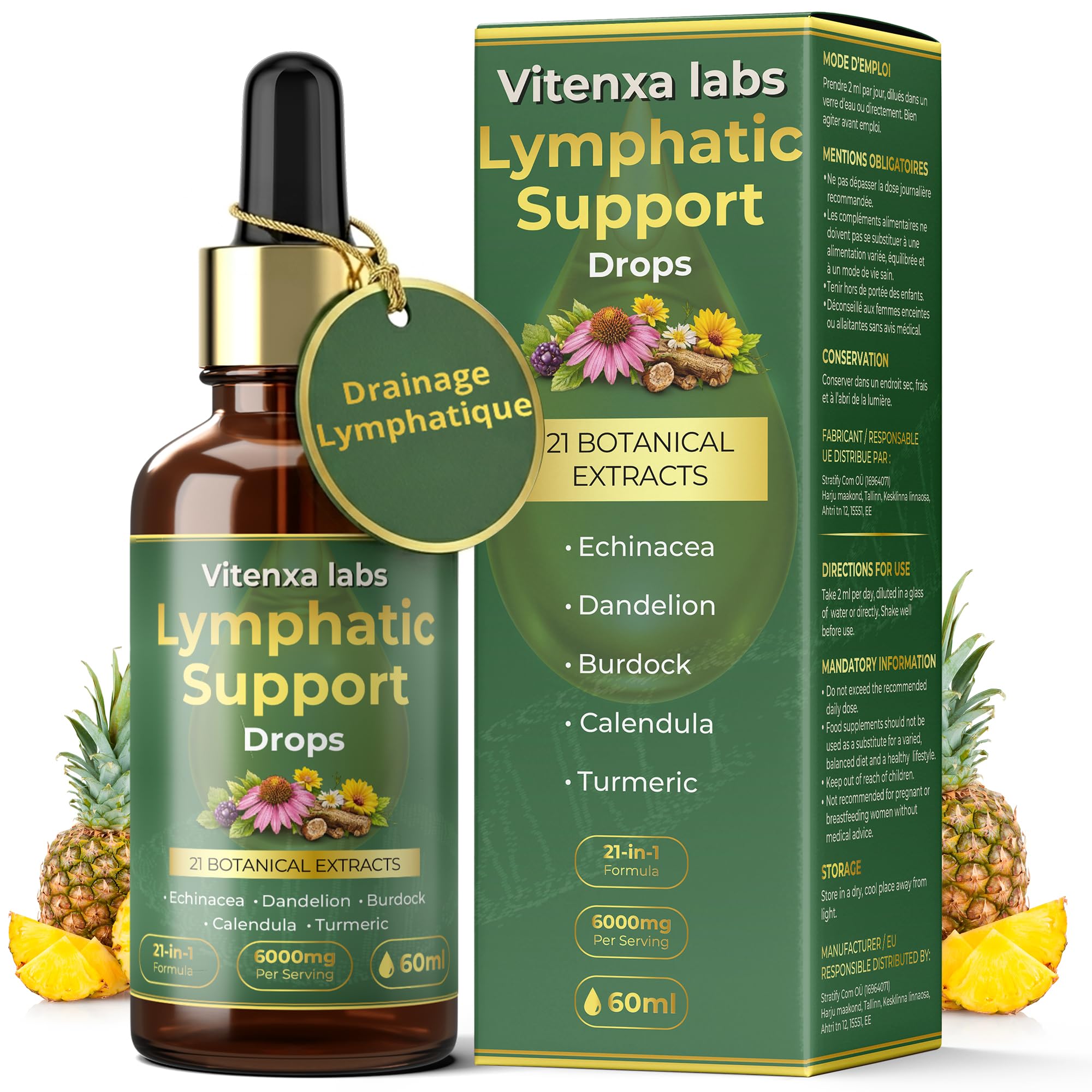 Gouttes pour le système drainage lymphatique- Extrait d'un mélange botanique 21 en 1 - Favorise l'équilibre, le bien-être et le système immunitaire - 100% naturel - Sans OGM - 60 ml