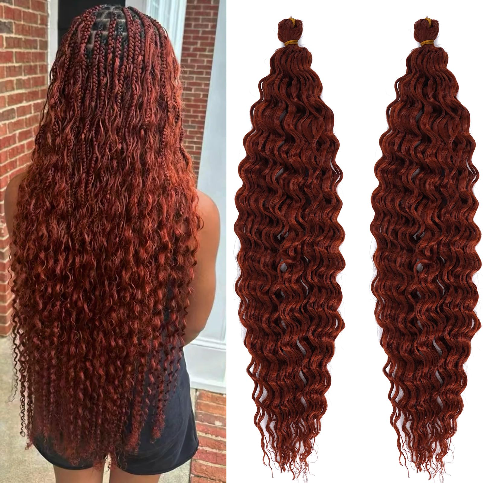 Ocean Wave Wavy Braiding Hair 350 Ginger Deep Ocean Wave Curly Crochet Hair Extensions for Boho Box Braids 24 Inch Soft Synthetic Ginger Braids Boho
