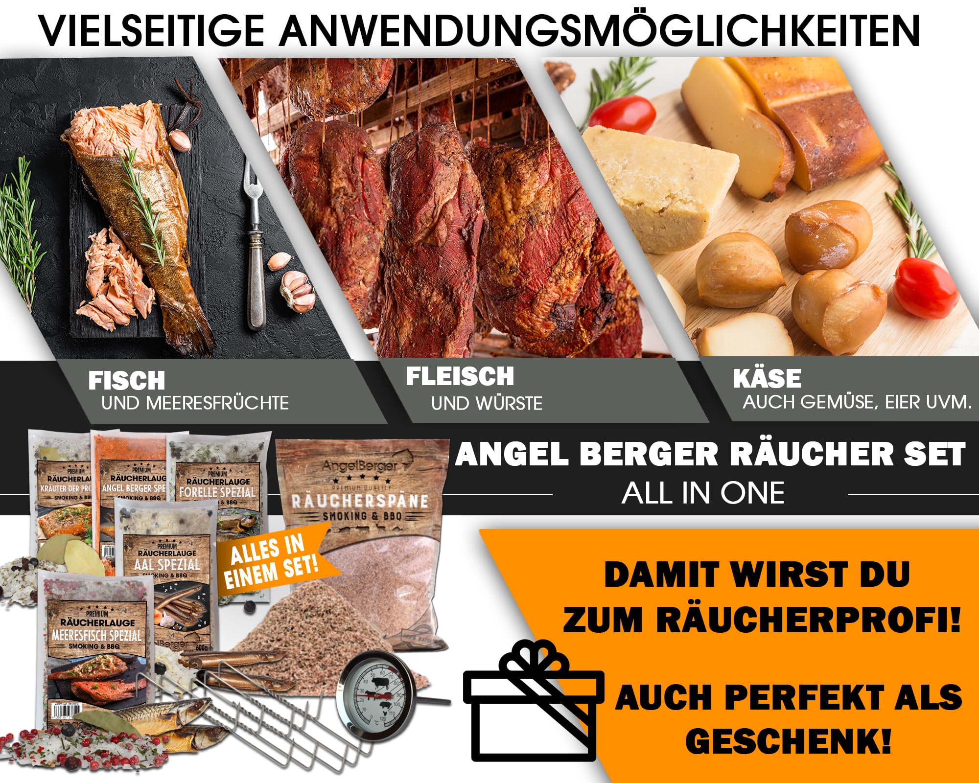 Angel-Berger Räucherset Räucherpaket Geschenk Räuchern Räucherlauge Räuchermehl Räucherhaken Räucherthermometer