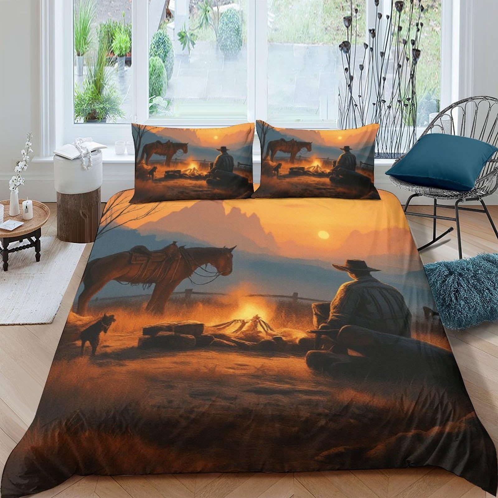 Ctjqhvkz Style-7 3D Printed Sunset Cowboy Fitted Sheet Microfiber Soft Western Horse Bed Cover For Bedroom Guest Room Decor Mattress Protection Single（135X200cm）