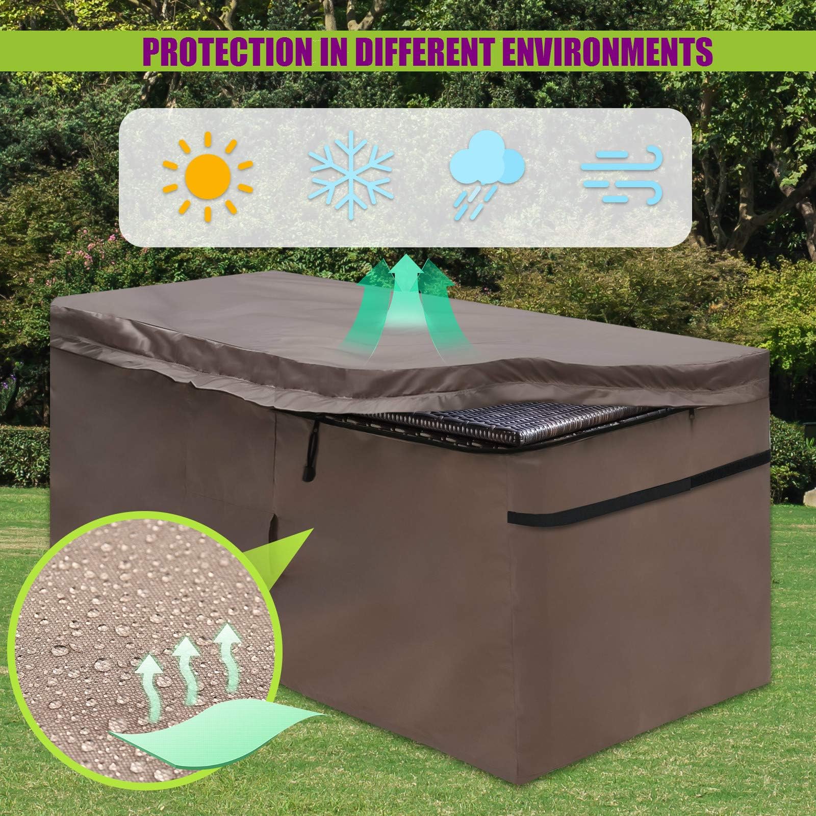 Abdeckung für Garten Auflagenbox, Schutzhülle der Kissenbox mit Reißverschlussdeckel und Entlüftung, Wasserdicht, 420D Oxford Braun (123 * 55 * 62cm)